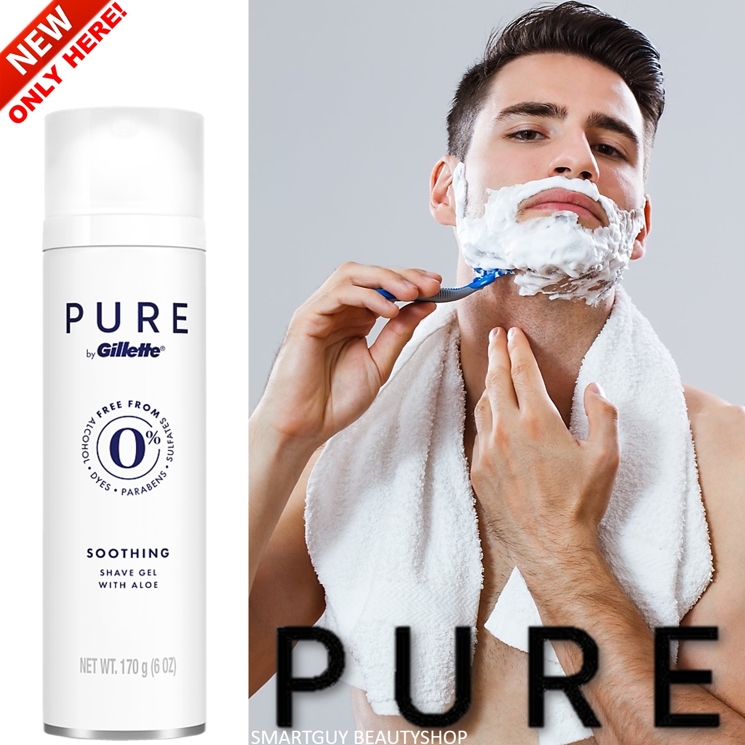 Pure By Gillette Soothing Shave Gel With Aloe 170g ผลิตภัณฑ์เจลโกนหนวดสูตรอ่อนโยนพิเศษพร้อมการบำรุงผิวลดการอักเสบหลังการโกนในทันที