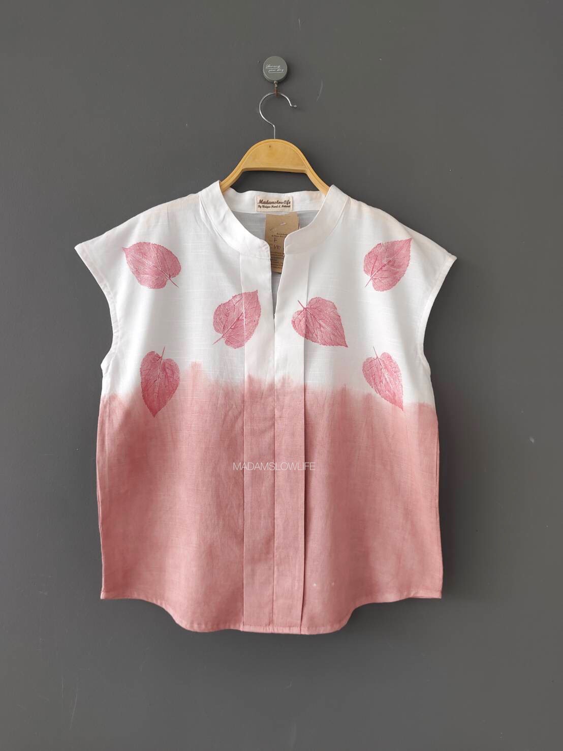 เสื้อผู้หญิง คอจีน Size: F มัดย้อมสีชมพูทูโทน พิมพ์ใบไม้จากสีปลอดสารพิษ