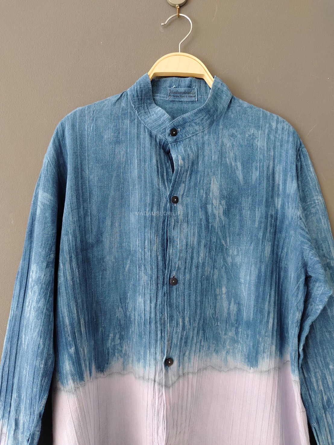 เสื้อแขนยาวคอจีนมัดย้อมทูโทนม่วงคราม Size: F มี 2 แบบ