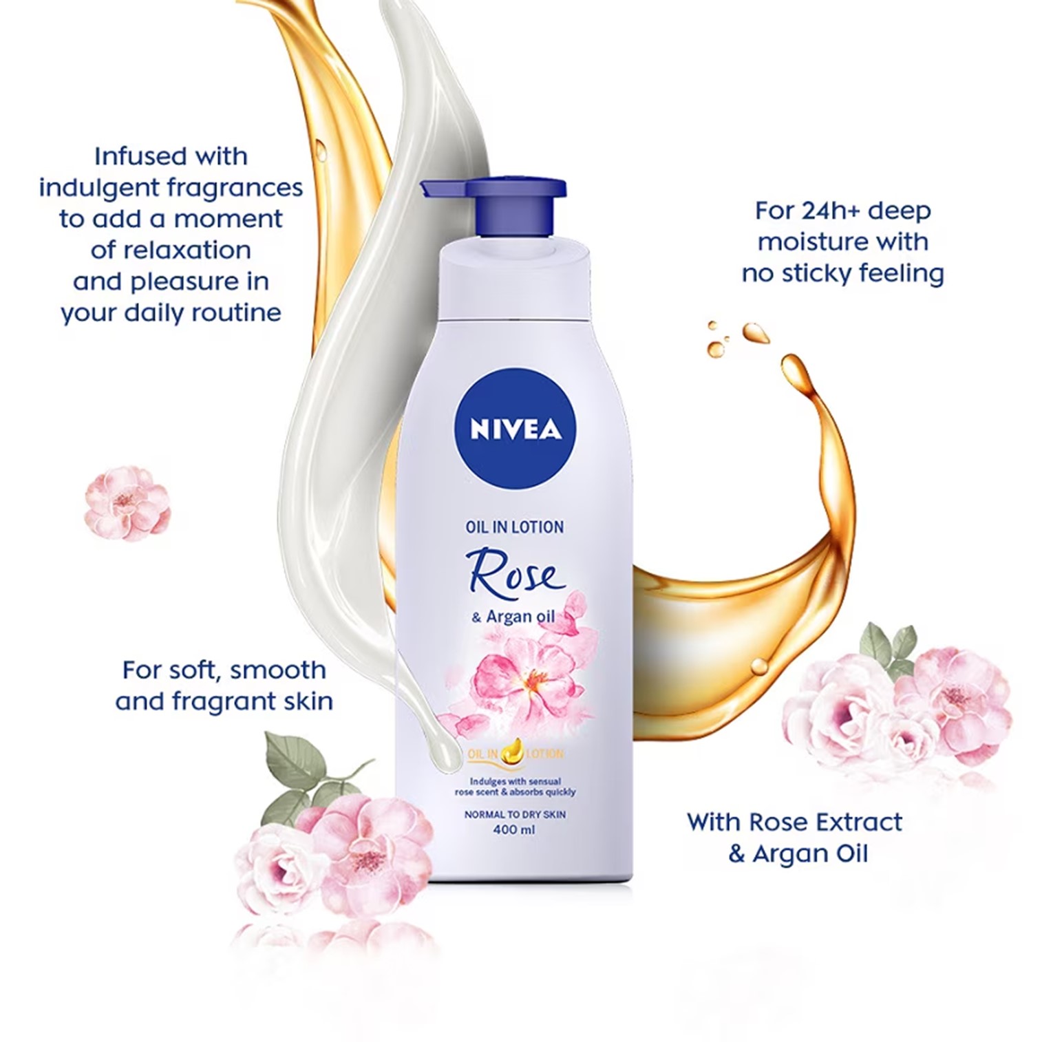 NIVEA OIL IN LOTION ROSE & ARGAN OIL 400ML โลชั่นบำรุงผิวกายเพิ่มความชุ่มชื้นผิวแลดูอ่อนกว่าวัยสูตรพิเศษสินค้านำเข้าจากออสเตรเลียพร้อมส่ง