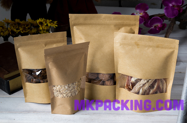 ถุงกระดาษคราฟท์ หน้าต่างใส ซิปล็อค ตั้งได้ ขนาด 9*14+3 ซม.