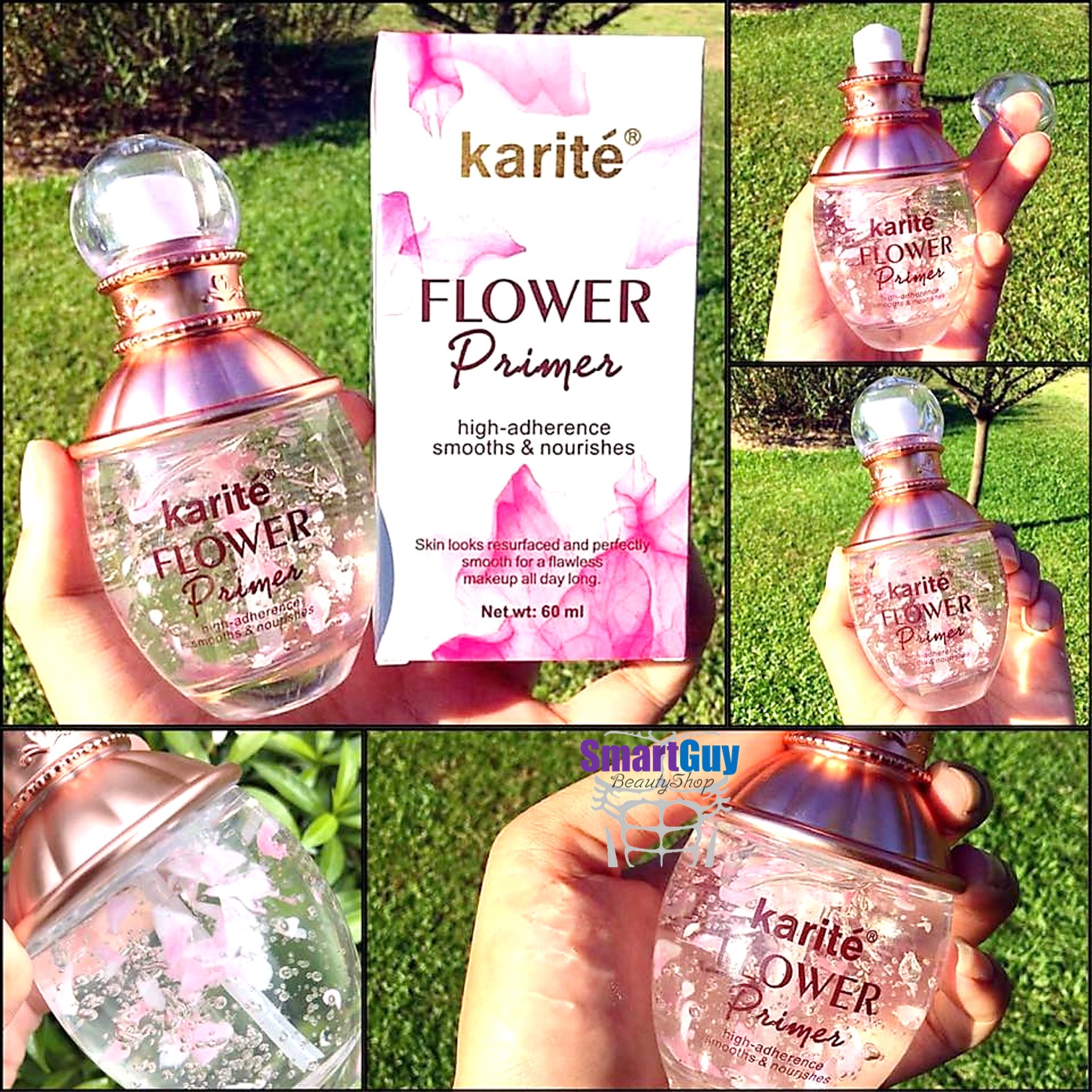 Karite Flower Primer High Adherence Smooths&Nourishes 60ml. เมจิกเซรั่มไพรม์เมอร์หน้าเงาใสเปล่งประกายมีออร่าเพิ่มมิติช่วยในการแต่งหน้า
