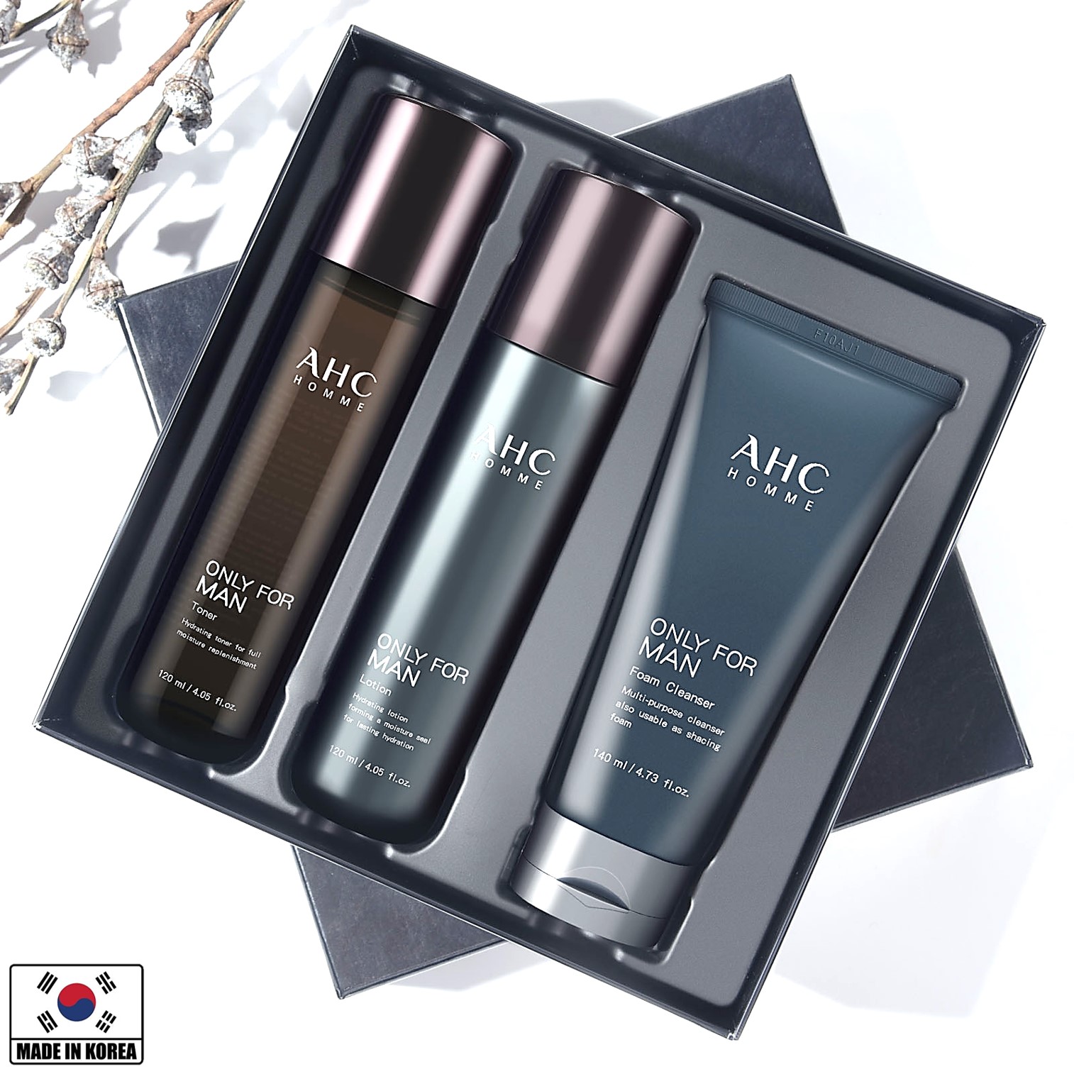 A.H.C Homme Only For Men Foam Cleanser Toner And Lotion Set Deep Cleansing Moisturizing And Nourishing The Skin 380ml ชุดผลิตภัณฑ์ทำความสะอาดและบำรุงผิวหน้าสูตรพรีเมี่ยมครบสูตรหล่อใสสำหรับผิวหน้าผู้ชายจากเกาหลี