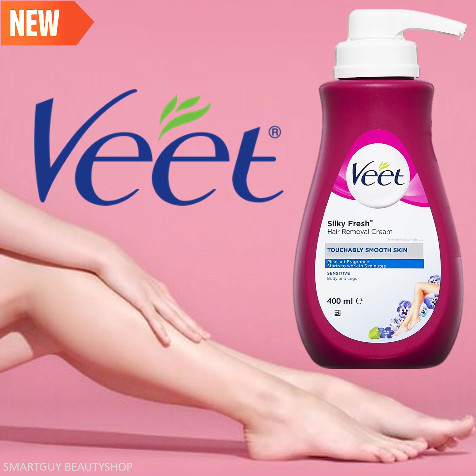 Veet Silky Fresh Hair Removal Cream Touchably Smooth Skin Sensitive Body&Legs 400ml ครีมกำจัดขนสูตรอ่อนโยนพร้อมดูแลผิวด้วยสารสกัดธรรมชาติสินค้านำเข้าจากต่างประเทศ