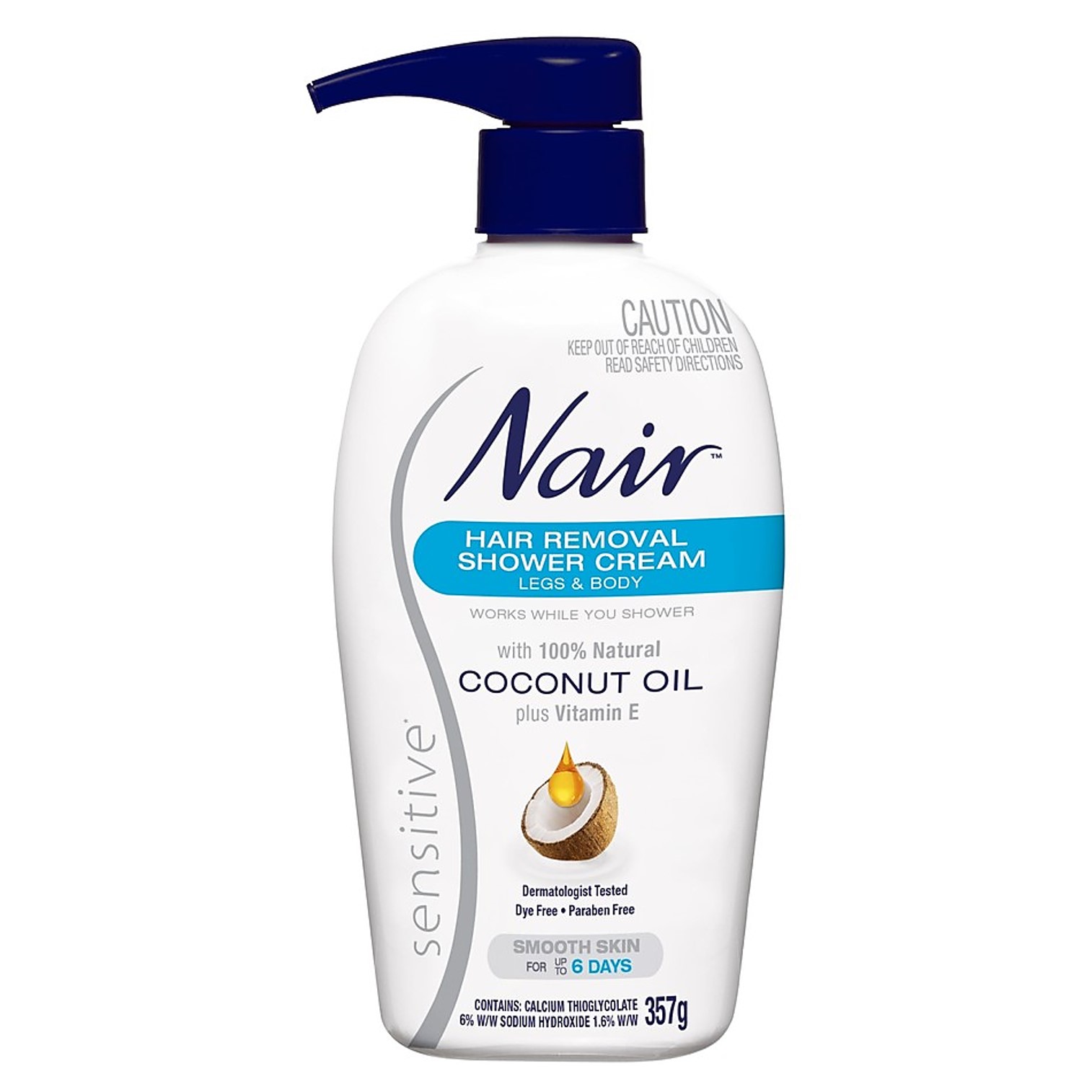 Nair Sensitive Hair Removal Shower Cream with Coconut Oil 357g ผลิตภัณฑ์กำจัดขนในขณะอาบน้ำสูตรอ่อนโยนพิเศษพร้อมการบำรุงผิว