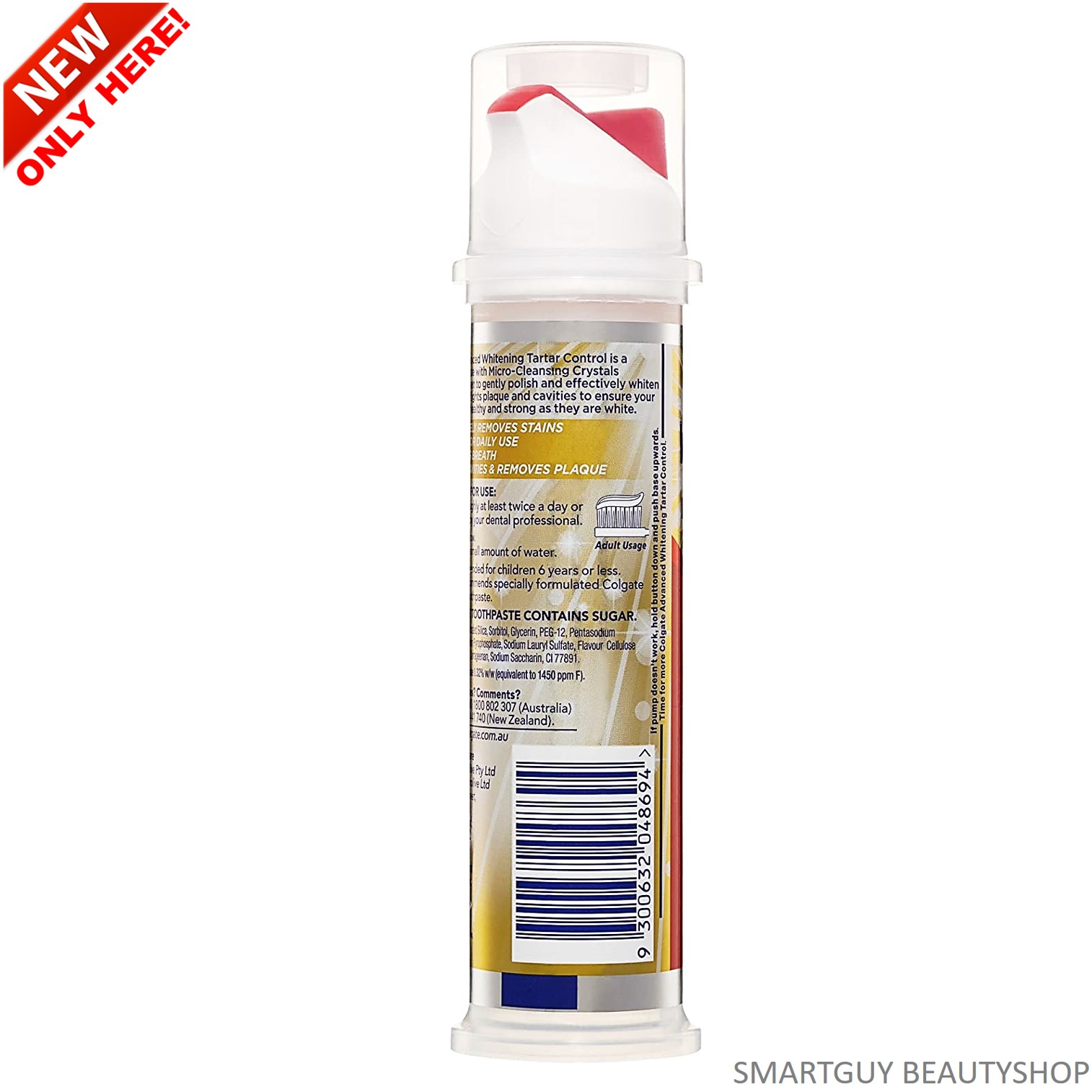 Colgate Advanced Whitening Tartar Control with micro cleansing crystals Pump Toothpaste 130g ยาสีฟันคอลเกตสูตรพิเศษในขวดดีไซน์ใหม่รูปแบบหัวปั๊ม สินค้านำเข้าจากต่างประเทศ