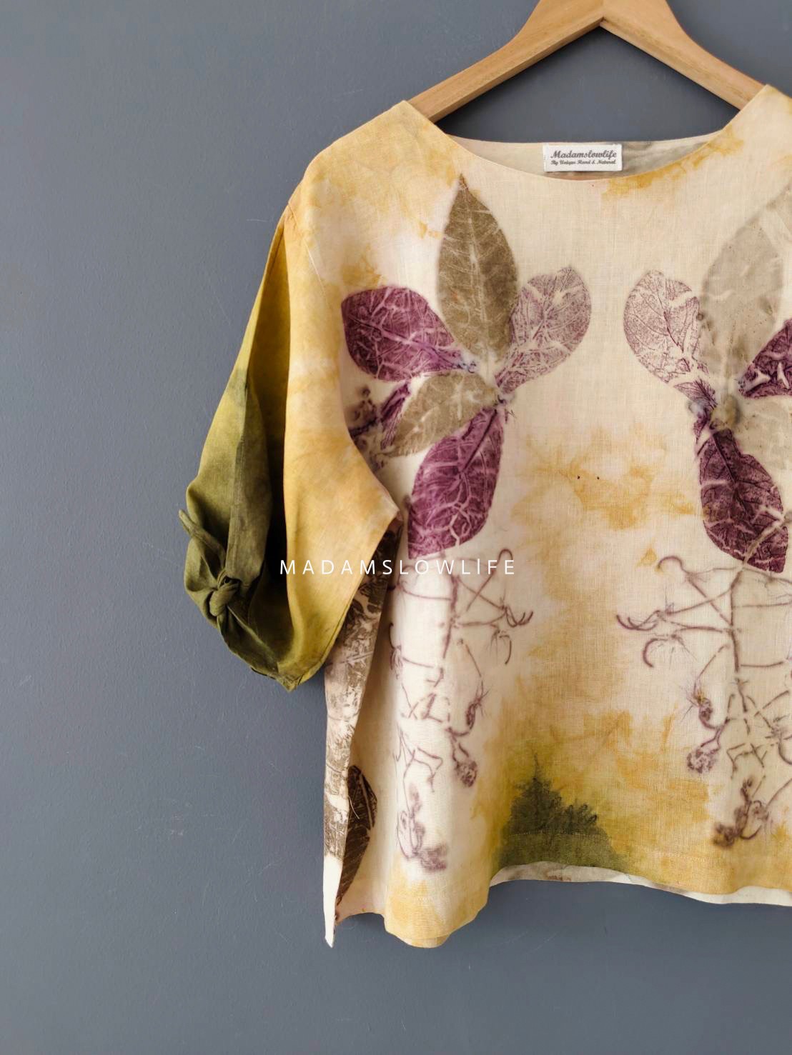 เสื้อผ้าลินินแท้ ลวดลายพิมพ์ลายแบบ eco-print อก 44 นิ้ว ยาว 23 นิ้ว