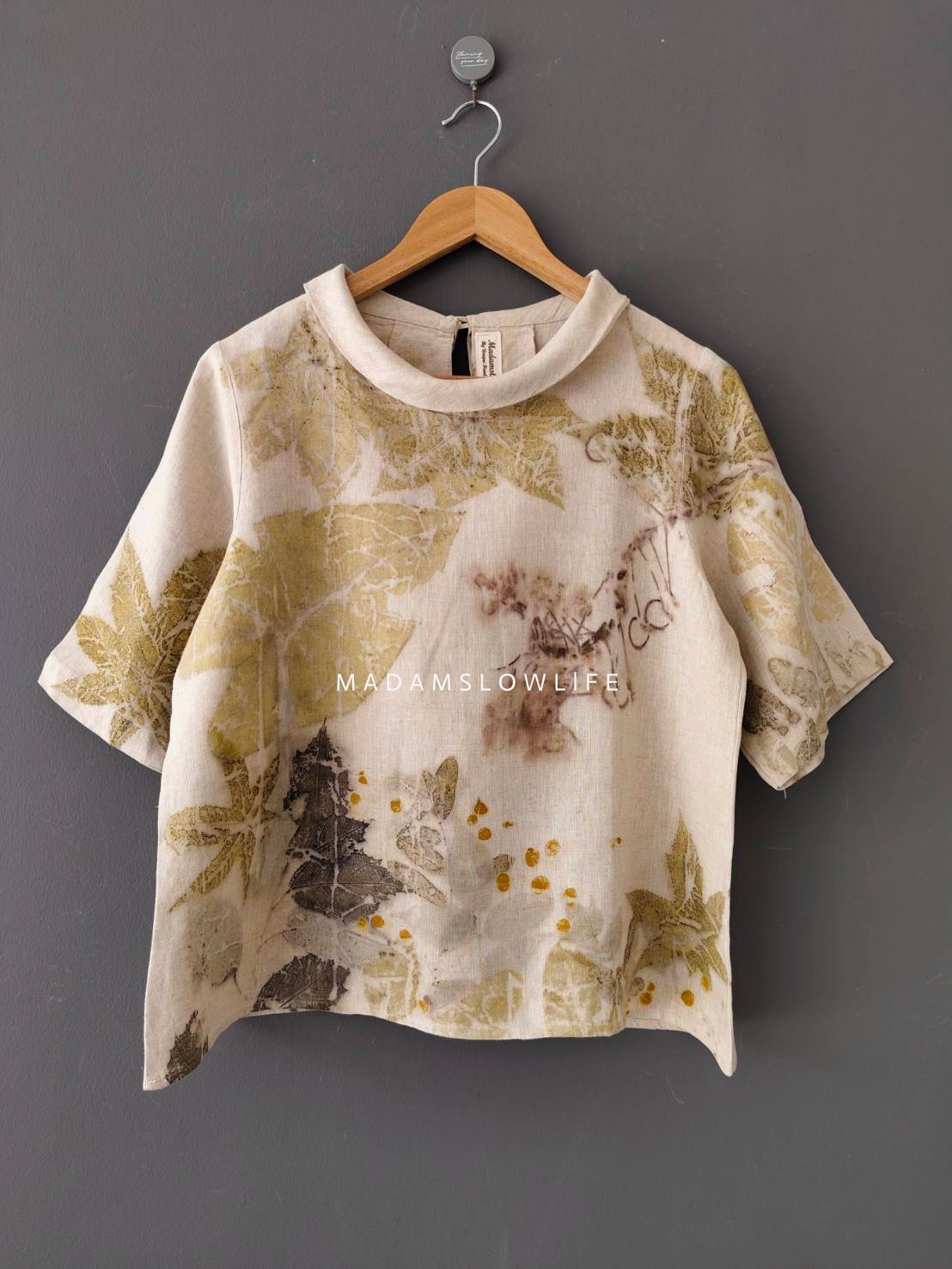 เสื้อผ้าลินินแท้ ลวดลายพิมพ์ลายแบบ eco-print อก 40 นิ้ว ยาว 22 นิ้ว