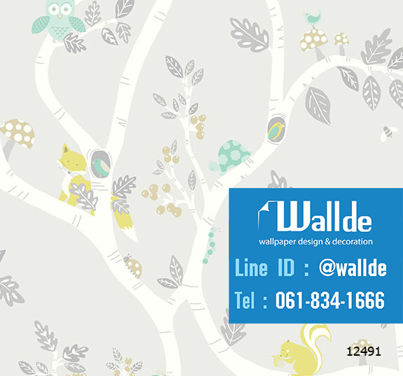 วอลเปเปอร์ห้องเด็ก วอลเปอร์ลายการ์ตูน ลายต้นไม้ กระรอก