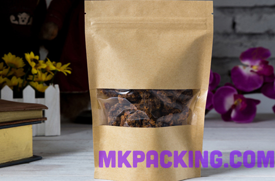 ถุงกระดาษคราฟท์ หน้าต่างใส ซิปล็อค ตั้งได้ ขนาด 9*14+3 ซม.