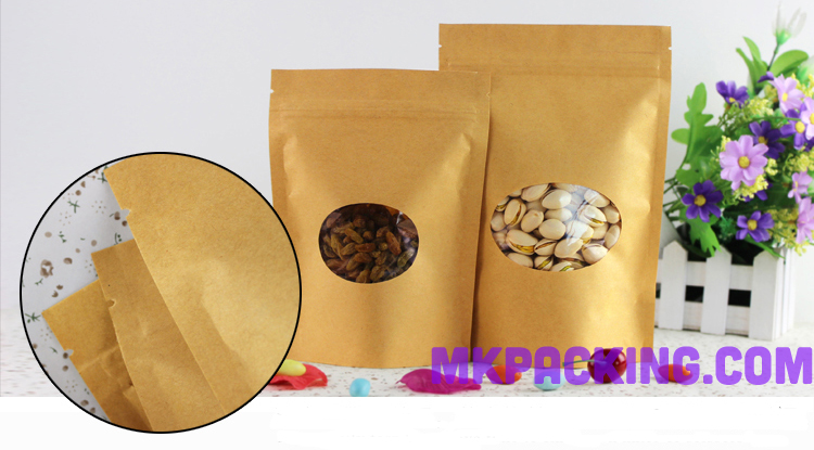 ถุงกระดาษคราฟท์ หน้าต่างวงรี ซิปล็อค ตั้งได้ ขนาด 13*18 +4 ซม.