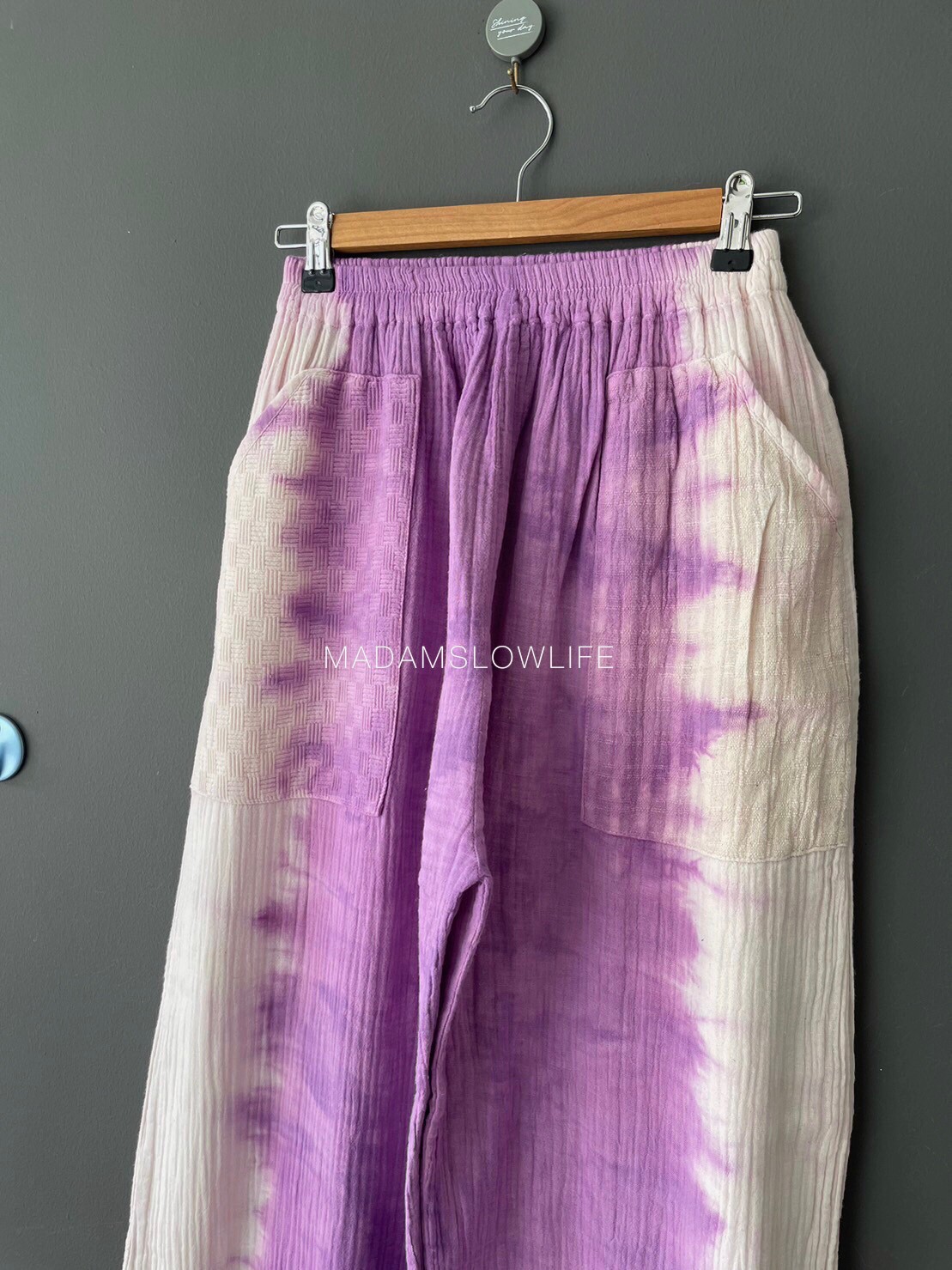 กางเกงผ้าคอตตอน100% พรีเมี่ยมมีเทคเจอร์ ย้อมสีม่วงปลอดสารพิษ Size M