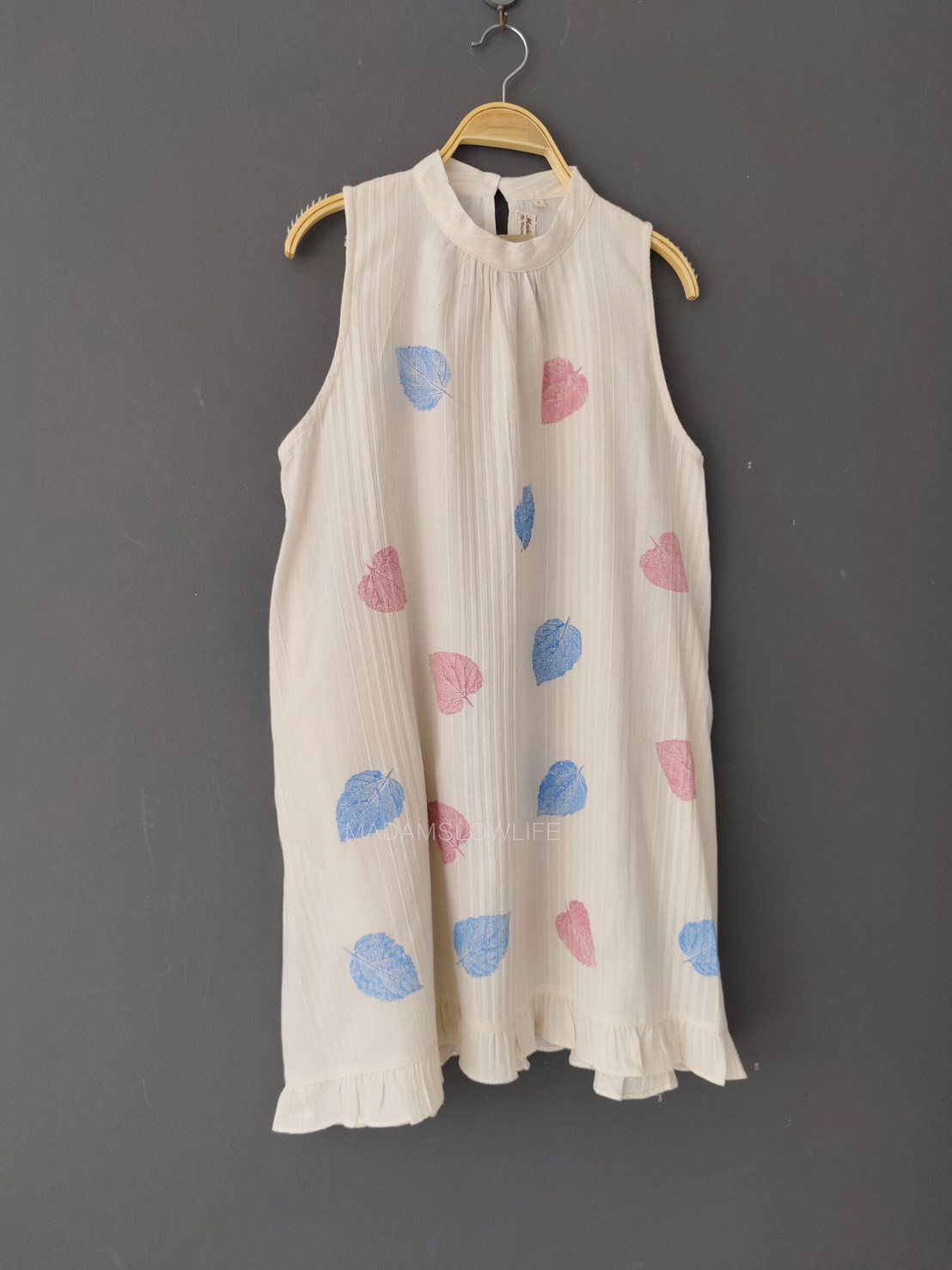 เดรสคอตั้งระบายชาย Size: F พิมพ์ลายใบไม้แมทสีชมพูฟ้าลุคน่ารัก