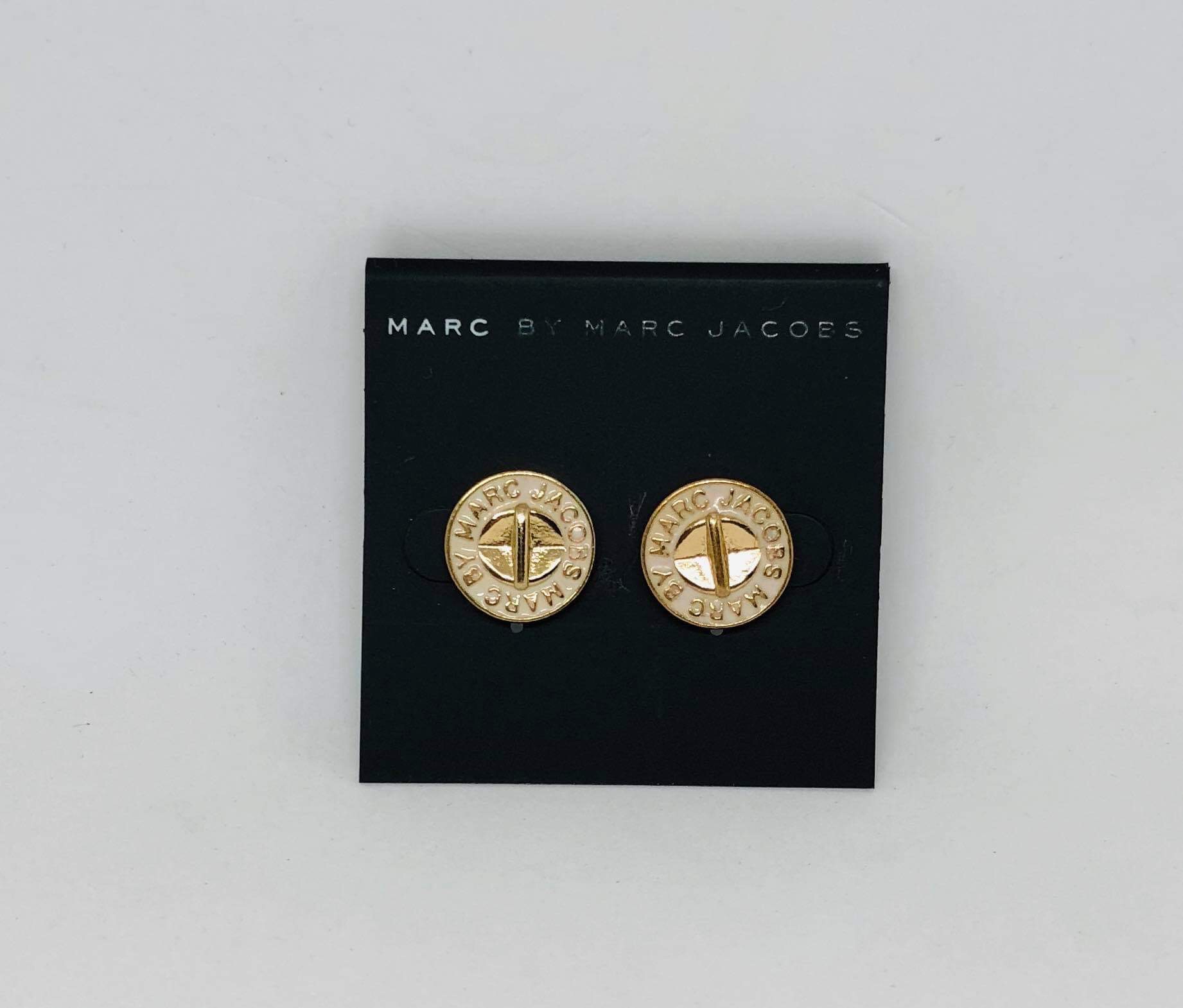 Marc Jacobs Gold&Milky White Logo Button Disc Stud Earrings