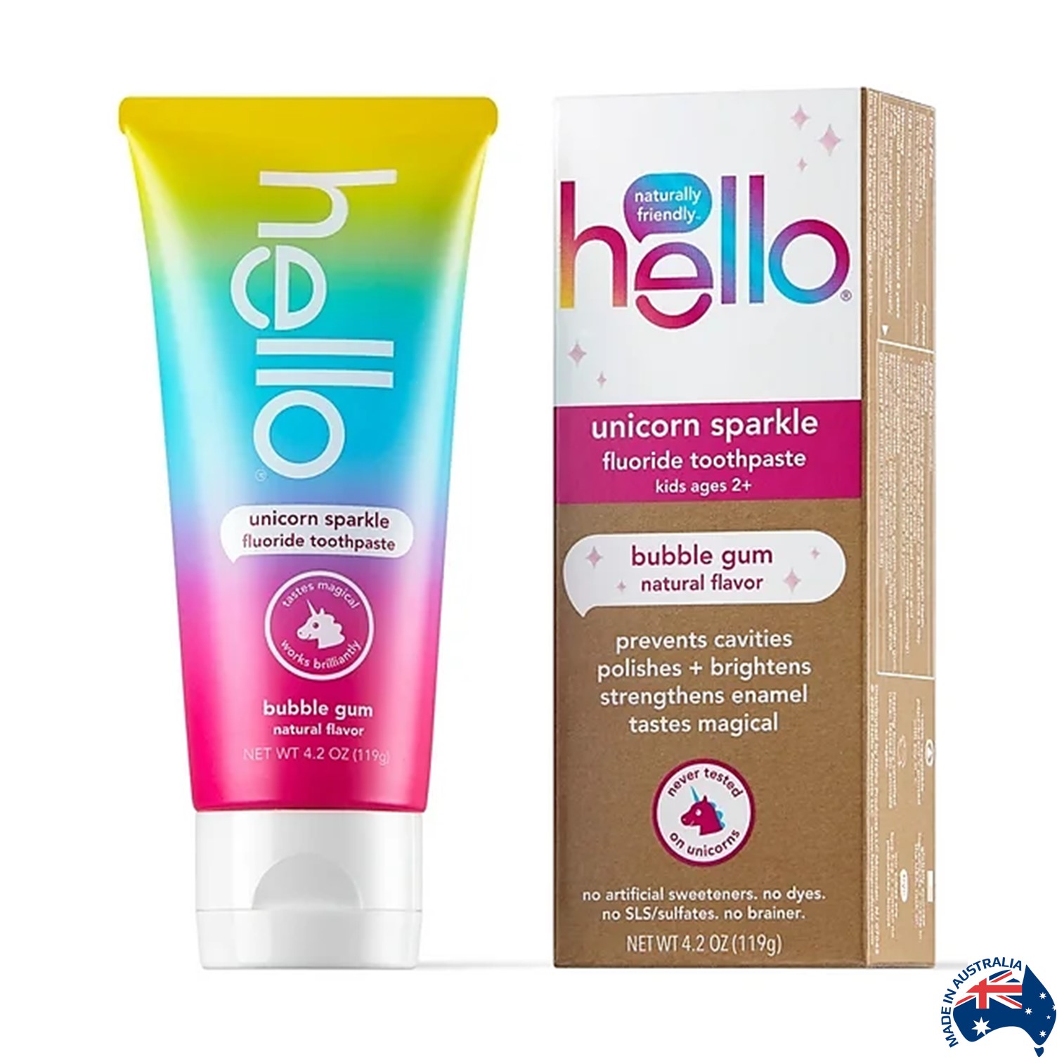 Hello Kids Unicorn Sparkle Fluoride Toothpaste with Natural Bubble Gum Flavor 119g ยาสีฟันสูตรพิเศษสำหรับเด็กสินค้านำเข้าจากออสเตรเลียของแท้พร้อมส่ง