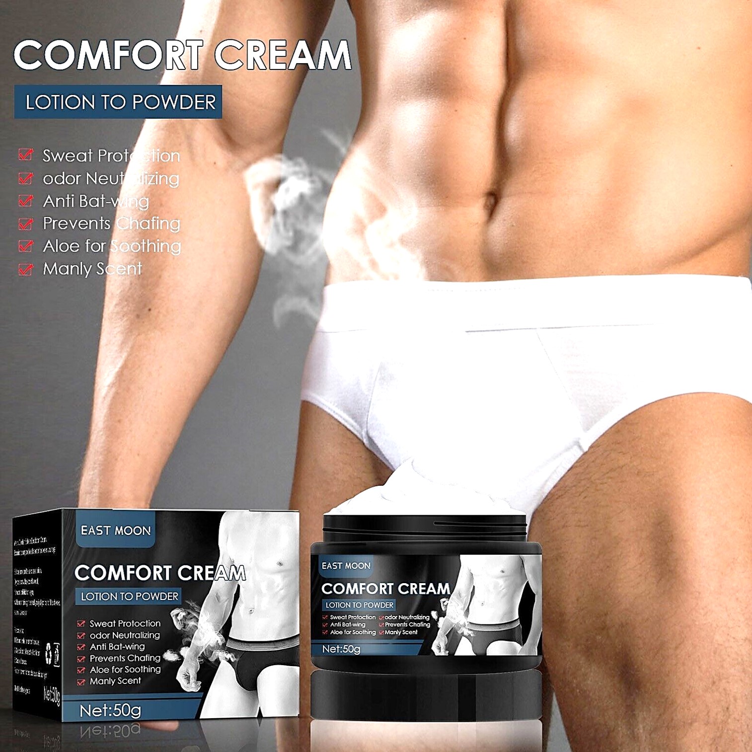 East Moon Comfort Cream Lotion To Powder 50g ผลิตภัณฑ์ระงับกลิ่นบริเวณจุดซ่อนเร้นสำหรับผู้ชายลดการสะสมของแบคทีเรียและกลิ่นอับชื้น