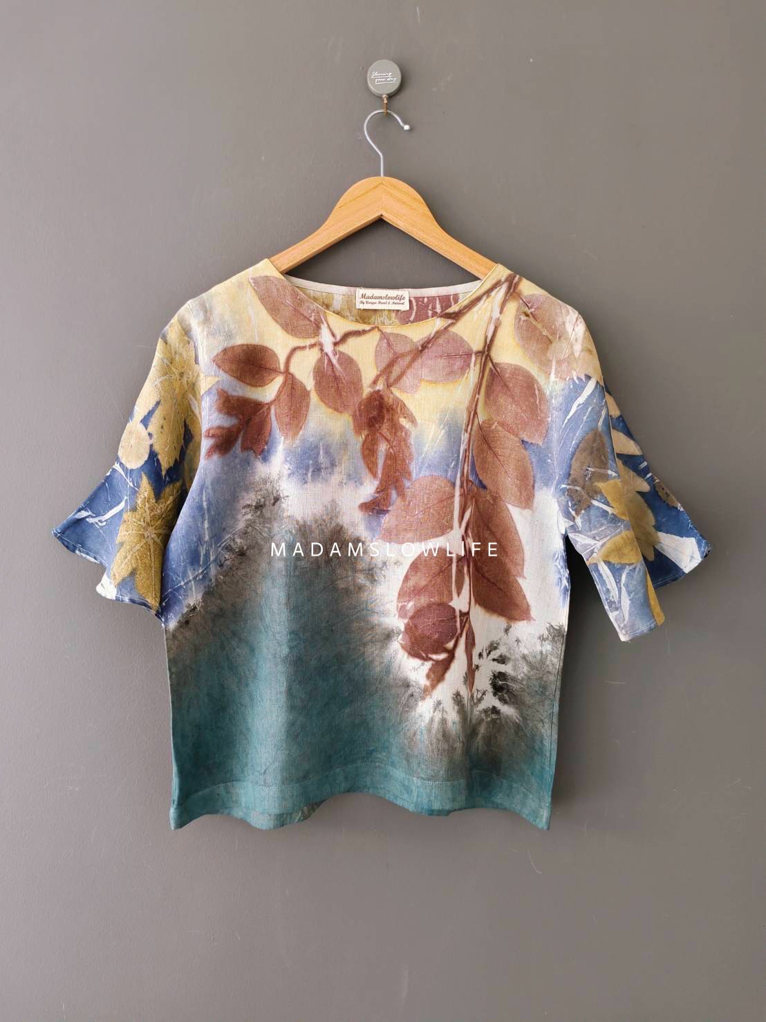 เสื้อผ้าลินินแท้ ลวดลายพิมพ์ลายแบบ eco-print อก 40 นิ้ว ยาว 22 นิ้ว