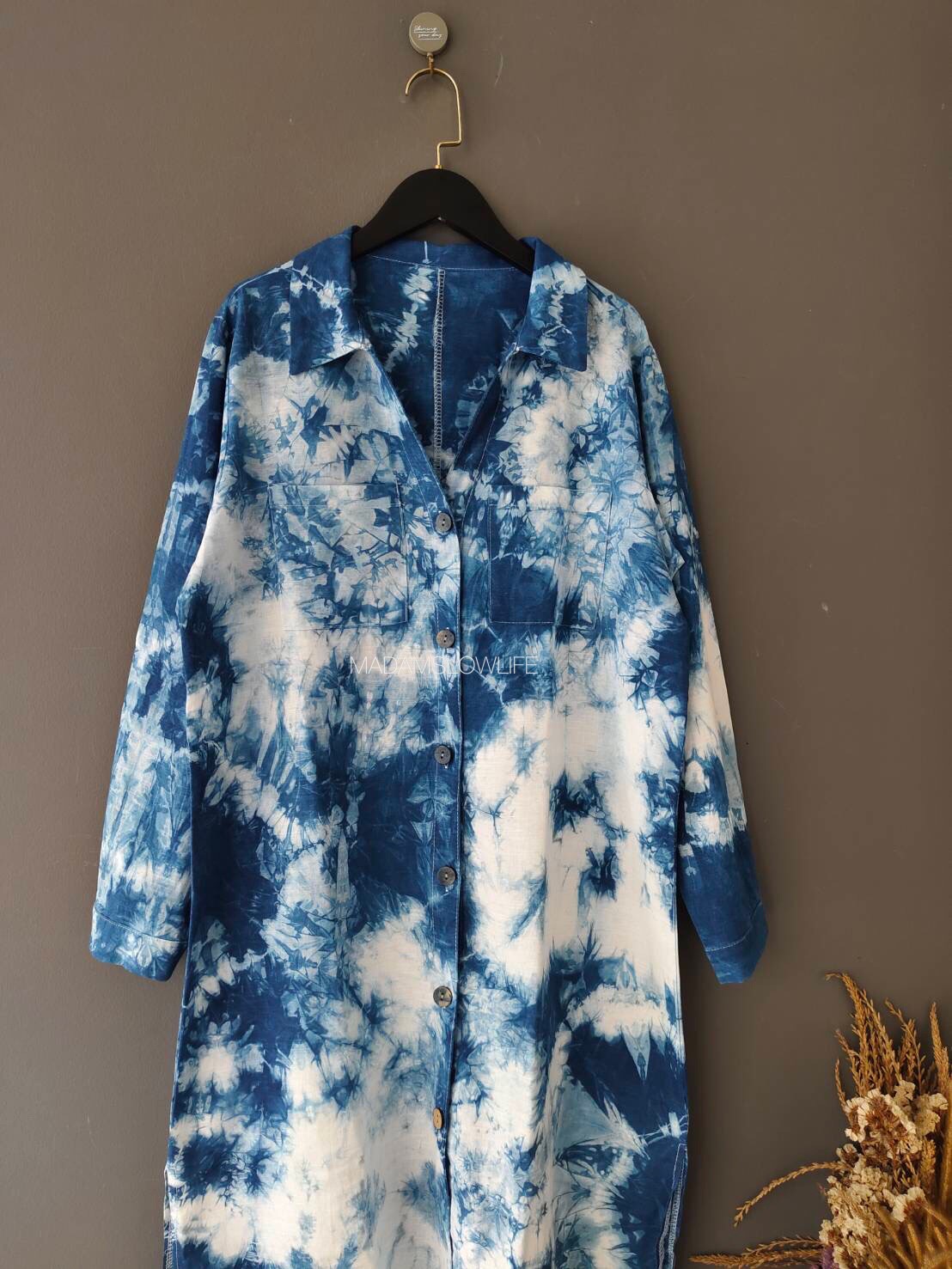 ชุดเดรสเชิ้ตแขนยาว มัดย้อมครามธรรมชาติ