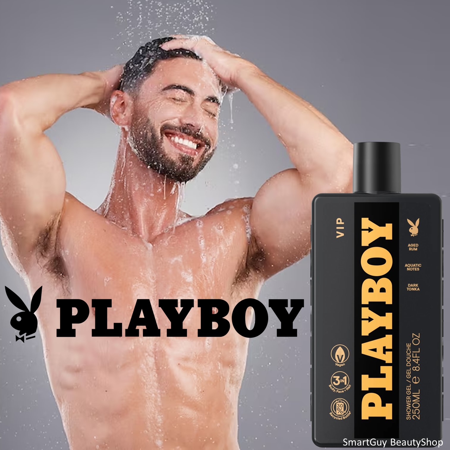 Playboy Vip 3in1 Shower Gel&Shampoo Shower Care Body Face Hair 250ml ผลิตภัณฑ์อาบน้ำทำความสะอาดผิวกายใบหน้าเส้นผมสำหรับผู้ชายสูตรพิเศษจากต่างประเทศ