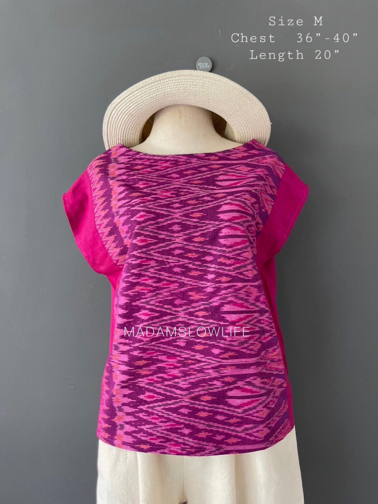 เสื้อผู้หญิง ผ้าฝ้ายมัดหมีทอมือ ลวดลายไทยโทนสีชมพูม่วง เสื้อทรงปีกผีเสื้อใส่แล้วเข้ารูปสวย