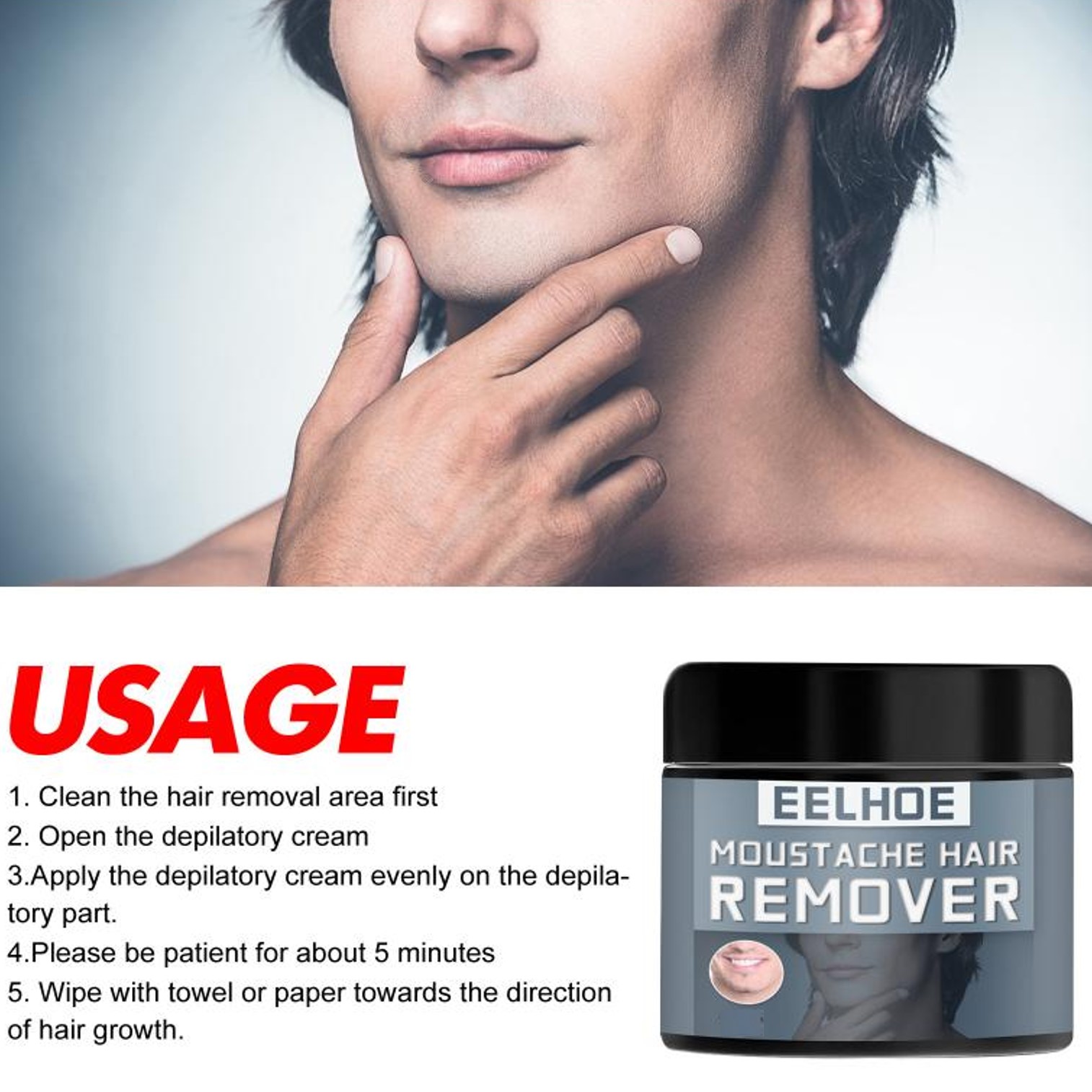 EELHOE Moustache Hair Remover 50g ครีมกำจัดหนวดและขนสูตรอ่อนโยนสำหรับผิวหน้า