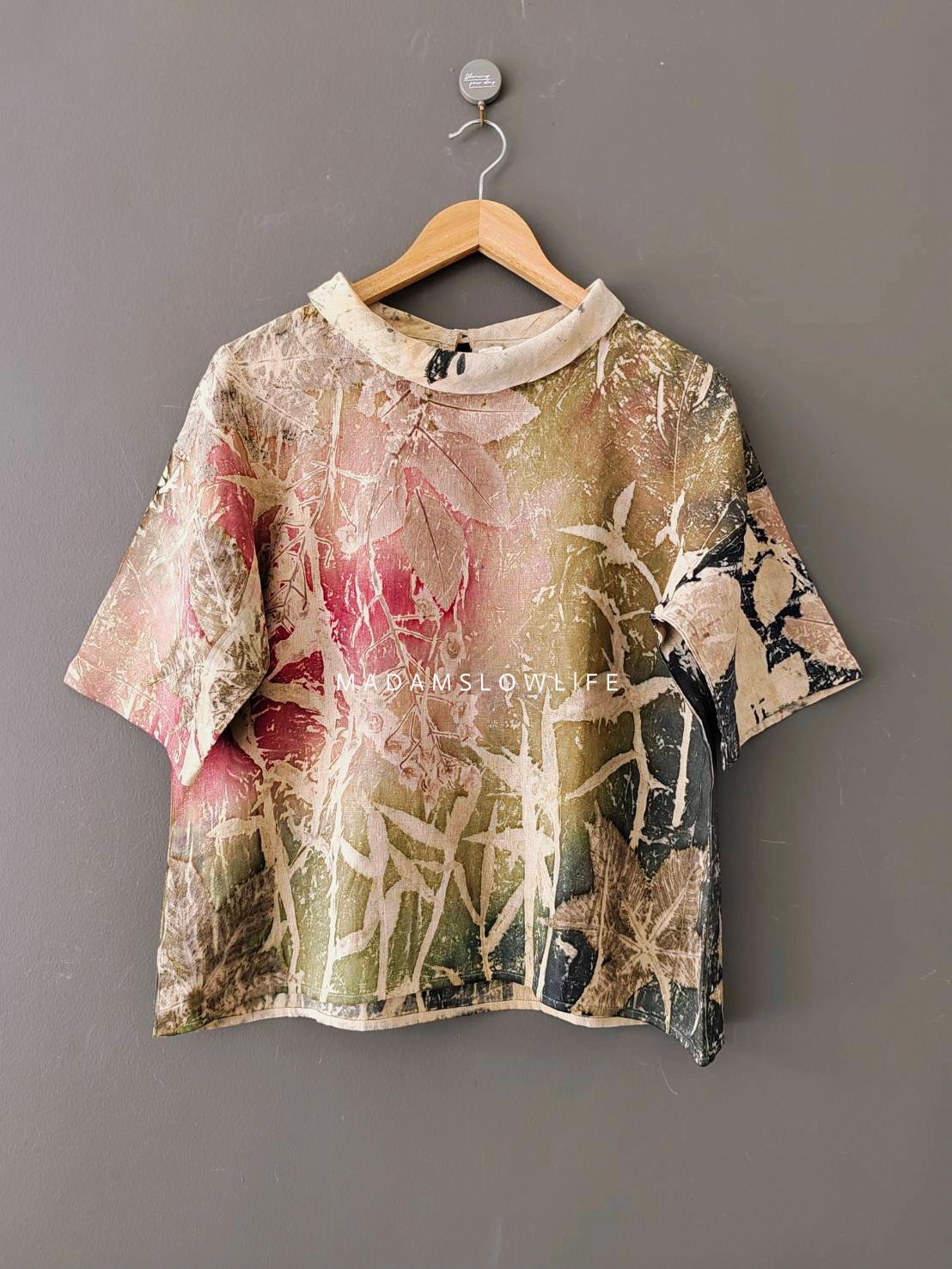 เสื้อผ้าลินินแท้ ลวดลายพิมพ์ลายแบบ eco-print อก 40 นิ้ว ยาว 22 นิ้ว