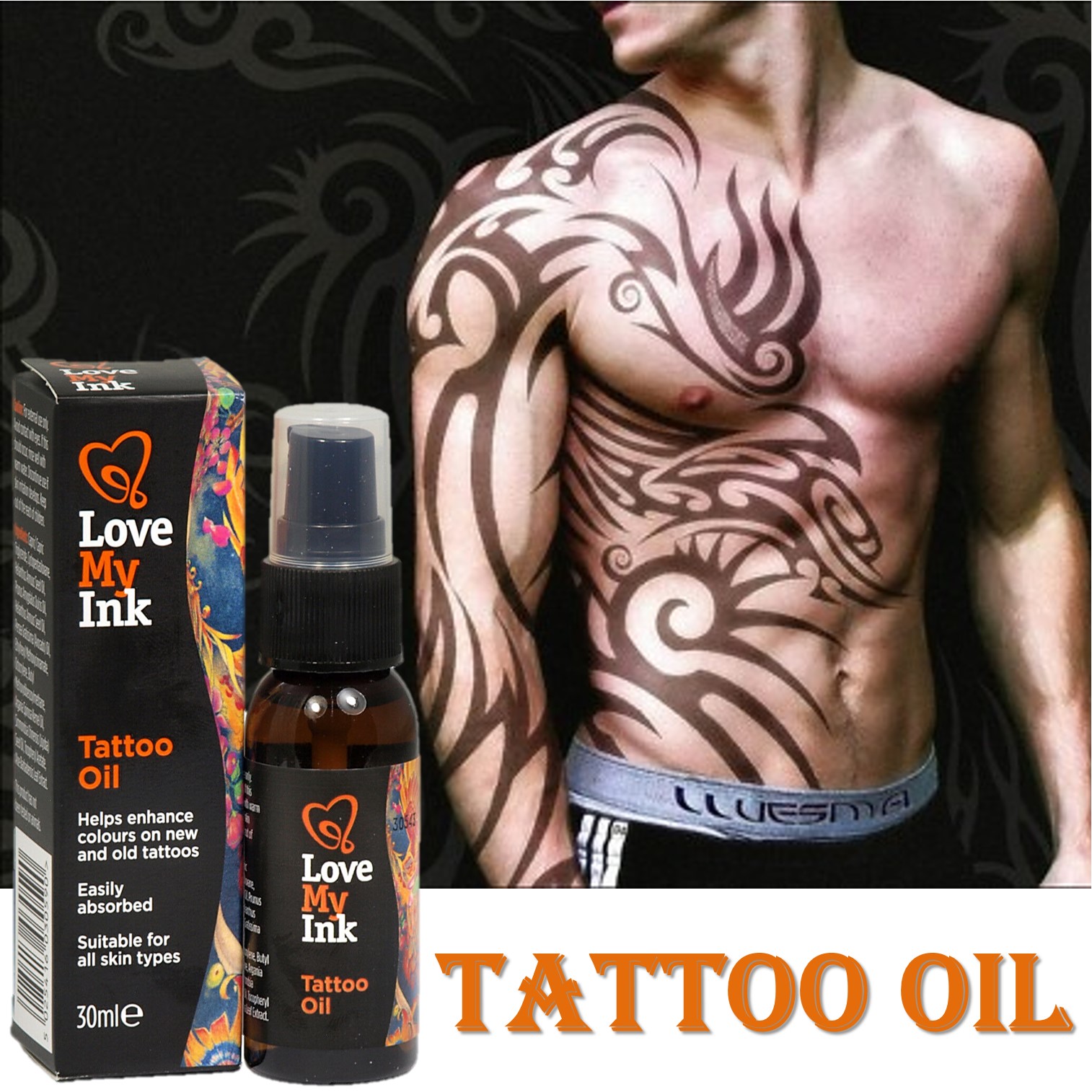 Love My Ink Tattoo Oil 30ml ผลิตภัณฑ์บำรุงผิวบริเวณรอยสักเพื่อสีสันและลายเส้นที่คมชัดสินค้านำเข้าจากต่างประเทศ