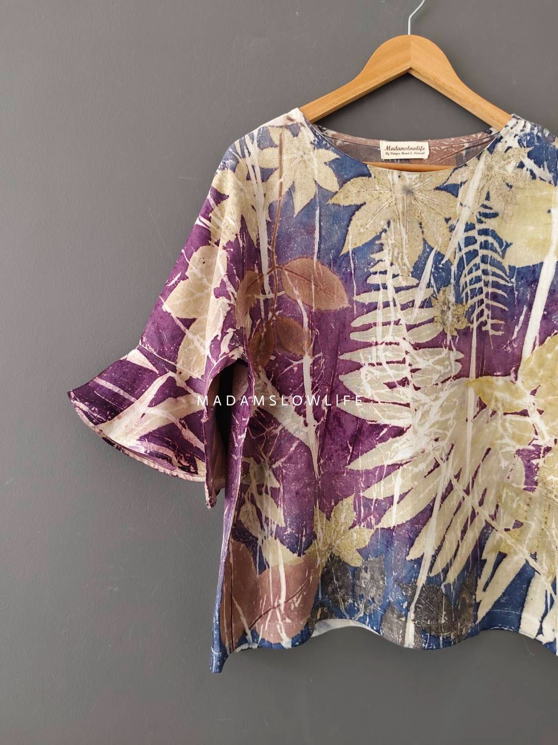เสื้อผ้าลินินแท้ ลวดลายพิมพ์ลายแบบ eco-print อก 44 นิ้ว แขนยาว 14 ยาว 24 นิ้ว