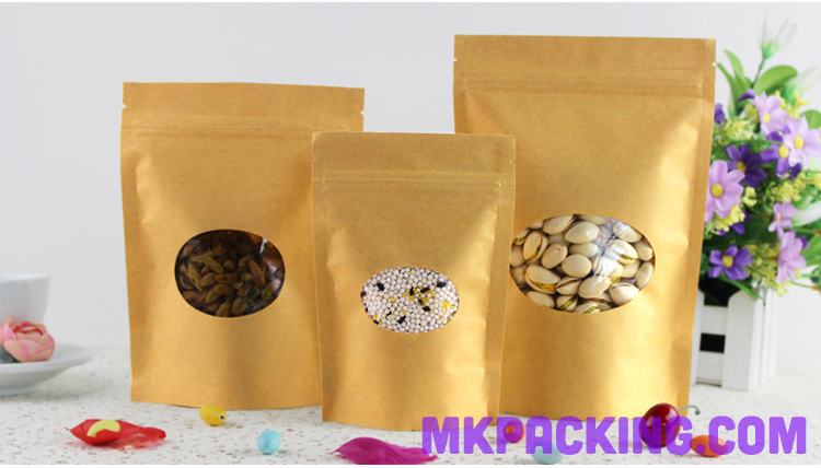 ถุงกระดาษคราฟท์ หน้าต่างวงรี ซิปล็อค ตั้งได้ ขนาด 13*18 +4 ซม.