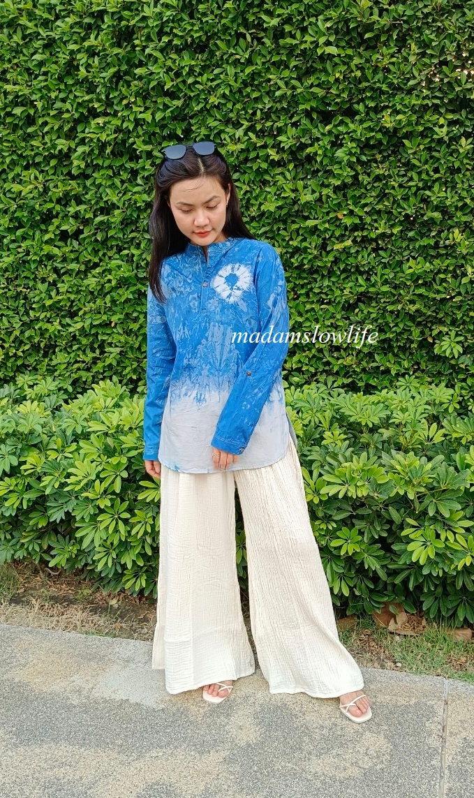 เสื้อเชิ้ต คอจีนแขนยาว แขนพับได้ เนื้อผ้าคอตตอน ซาทีน Cotton Satin ใส่สบาย