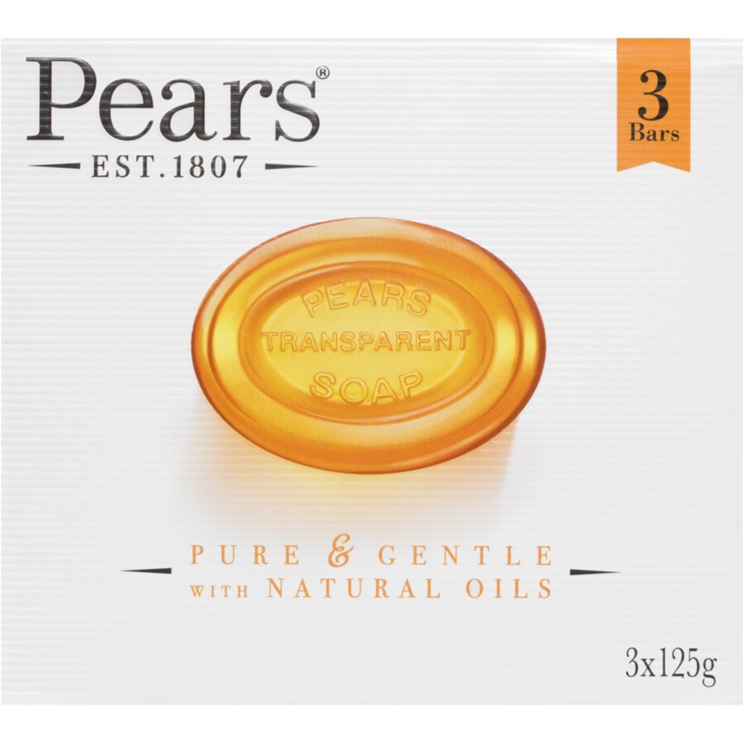 Pears Pure And Gentle With Natural Oils Bar Soap 3X125G สบู่ทำความสะอาดผิวกายสูตรพิเศษเพื่อผิวเนียนนุ่มสุขภาพดีสินค้านำเข้าจากออสเตรเลียพร้อมส่ง