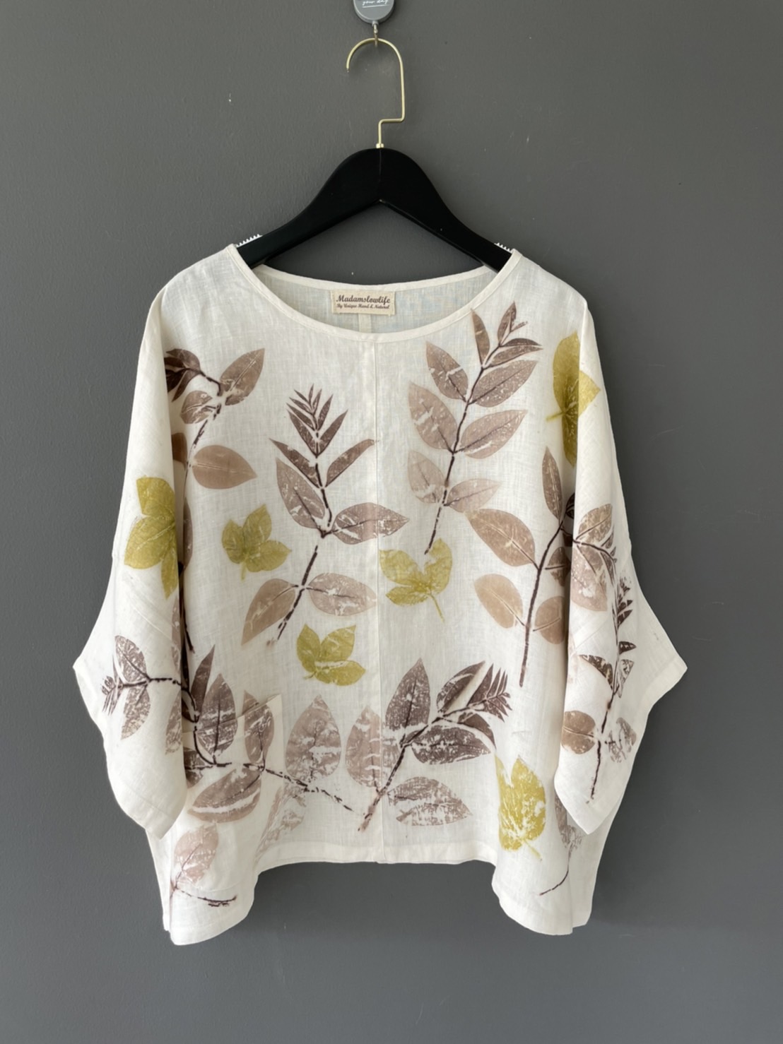 เสื้อคอกลม พิมพ์ใบไม้ธรรมชาติ ผ้าลินินแท้ Unique Eco Print Blouse