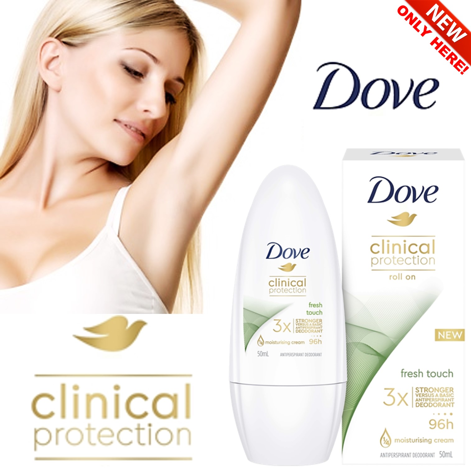 Dove for Women Clinical Protection Roll On Fresh Touch 50ml ผลิตภัณฑ์ลูกกลิ้งระงับกลิ่นใต้วงแขนสูตรปกป้องยาวนานพร้อมการบำรุงผิว