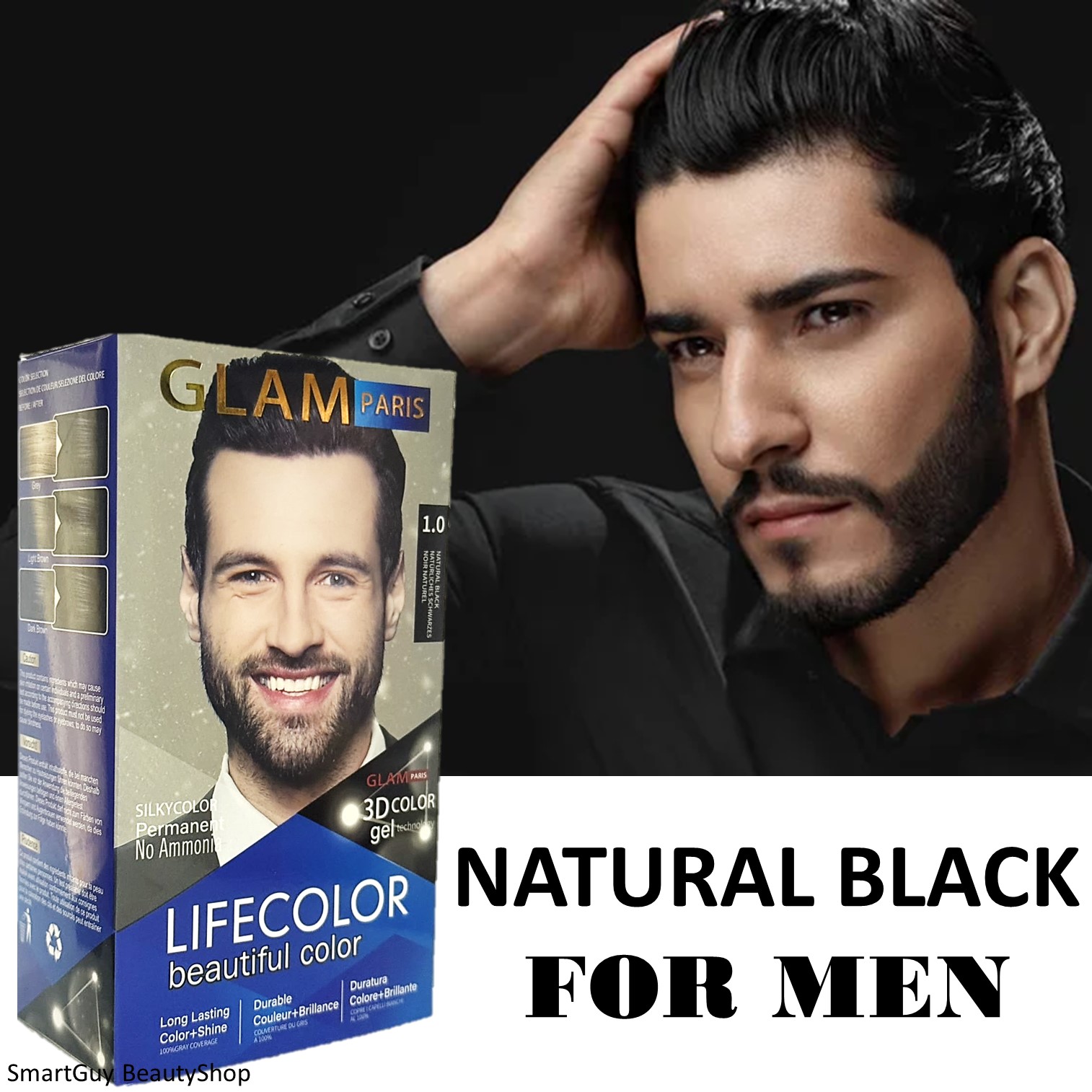 GLAM Paris LifeColor 1.0 Natural Black Hair color For Men ผลิตภัณฑ์เปลี่ยนสีผมผู้ชายสีดำธรรมชาติสูตรออแกนิคติดทนนาน
