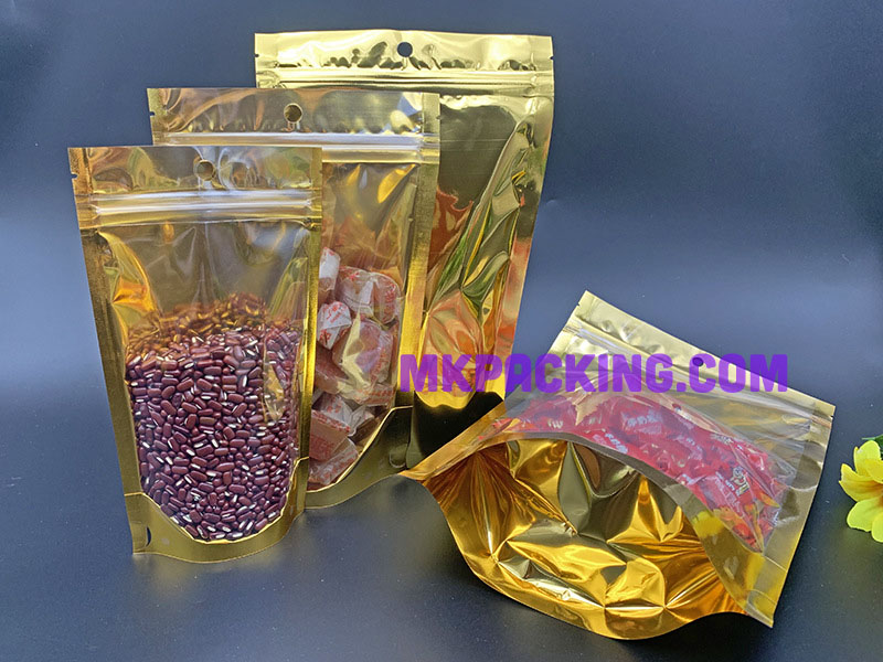 ถุงเมทัลไลท์ หน้าใส หลังทอง ซิปล็อค ตั้งได้ ขนาด 10x18+3cm
