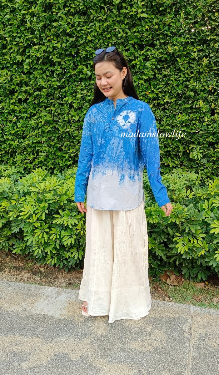 เสื้อเชิ้ต คอจีนแขนยาว แขนพับได้ เนื้อผ้าคอตตอน ซาทีน Cotton Satin ใส่สบาย