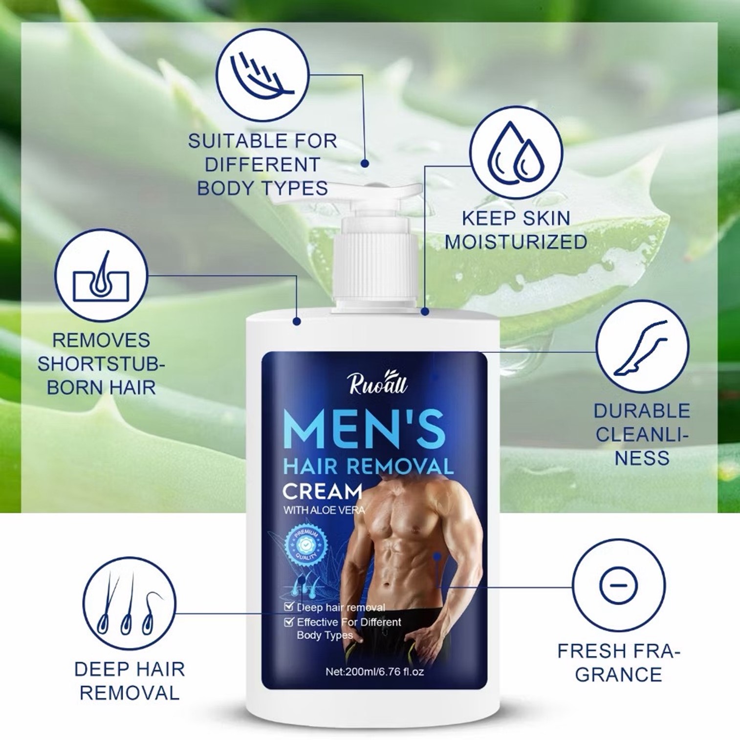 Ruoall Men’s Hair Removal Cream With Aloe Vera 200ml ผลิตภัณฑ์ครีมกำจัดขนสำหรับผิวกายและจุดซ่อนเร้นสูตรพิเศษสำหรับผู้ชาย