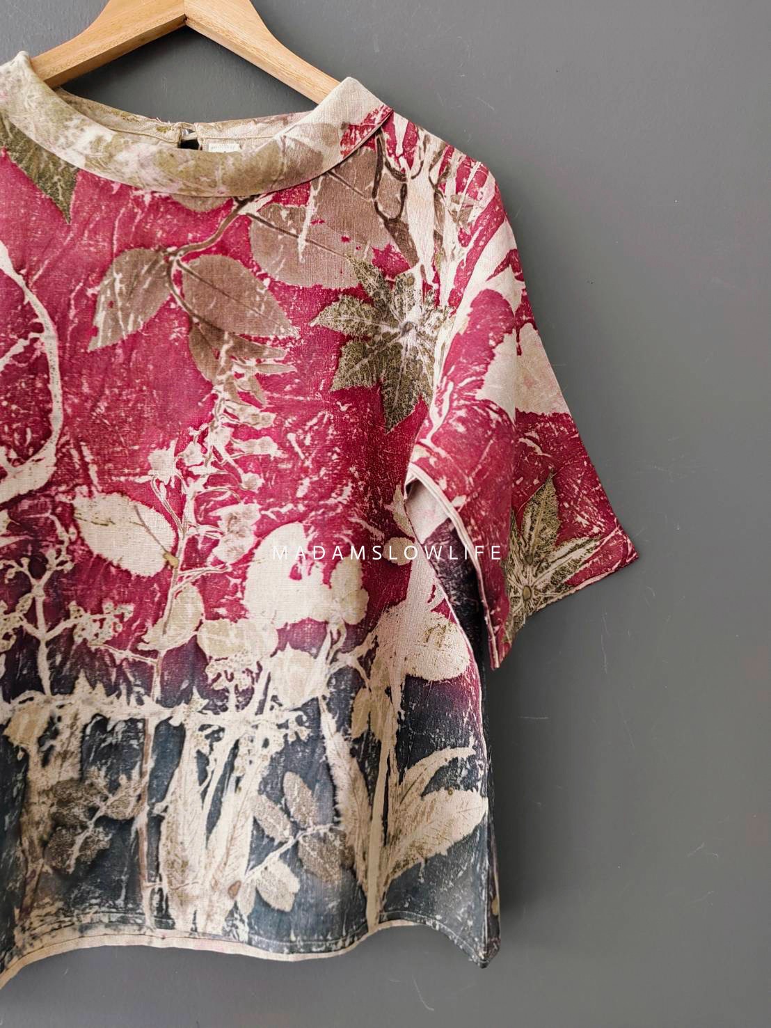 เสื้อผ้าลินินแท้ ลวดลายพิมพ์ลายแบบ eco-print อก 40 นิ้ว ยาว 22 นิ้ว