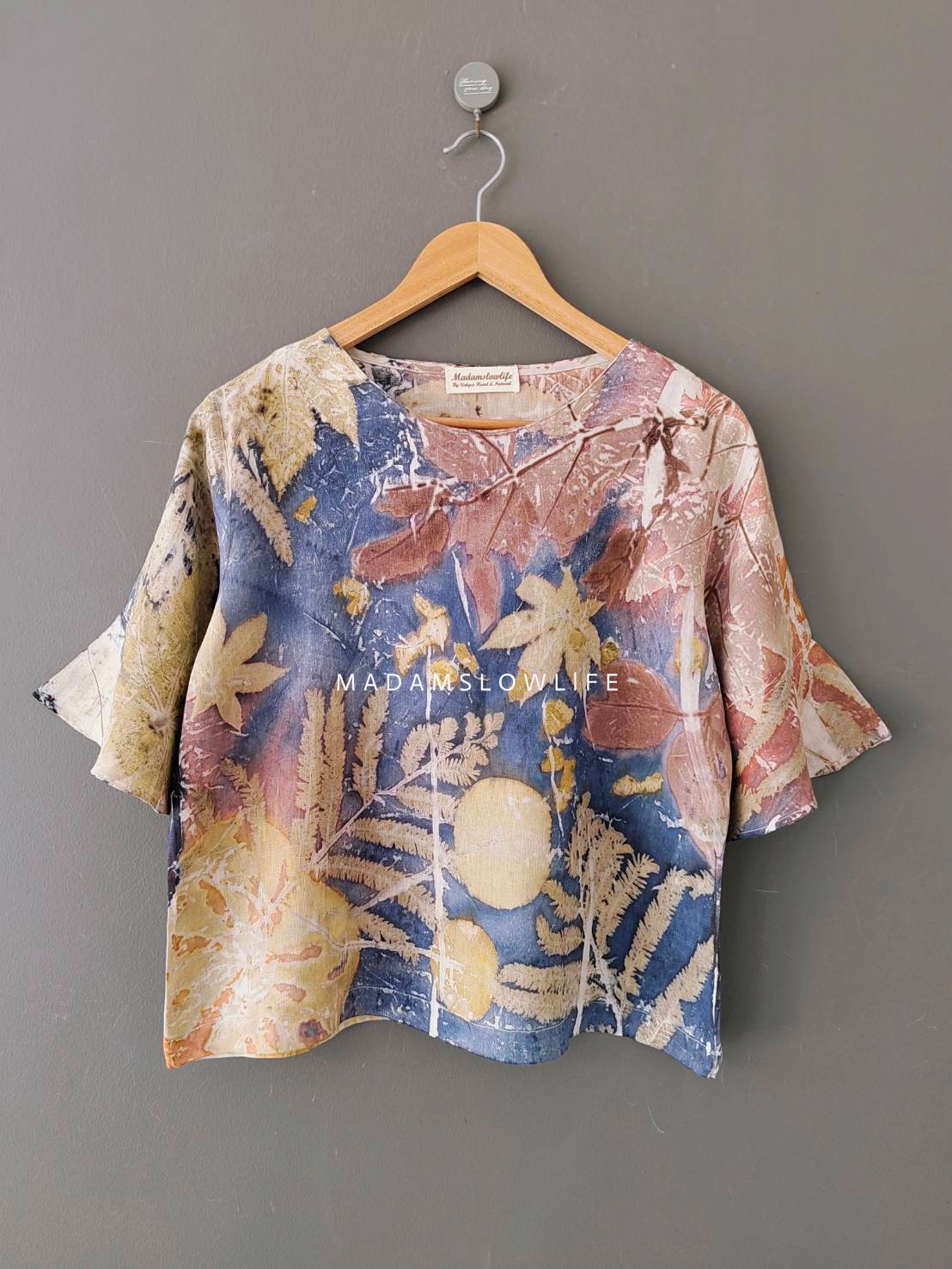 เสื้อผ้าลินินแท้ ลวดลายพิมพ์ลายแบบ eco-print อก 40 นิ้ว ยาว 22 นิ้ว