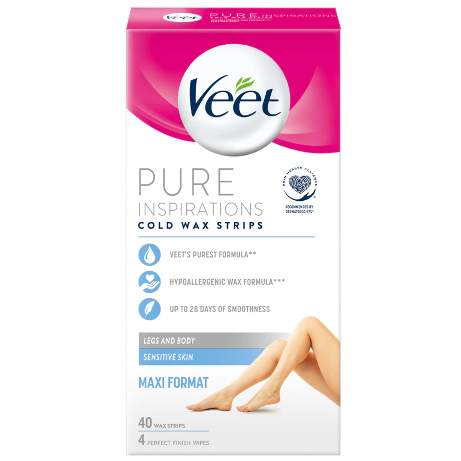 Veet Pure Hair Removal Cold Wax Strips Legs&Body Sensitive Skin 40Sheets แผ่นกำจัดขนสูตรอ่อนโยนสำหรับผิวบริเวณร่างกายสินค้านำเข้าจากออสเตรเลีย