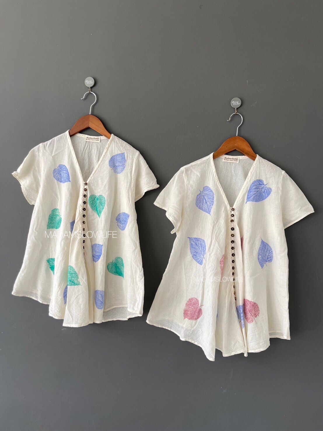 เสื้อคอตตอน Size F อก 38-42 นิ้ว ยาว 27 นิ้ว ผ้าคอตตอนเนื้อนิ่ม พิมพ์ลายใบไม้ด้วยสีปลอดสารพิษ