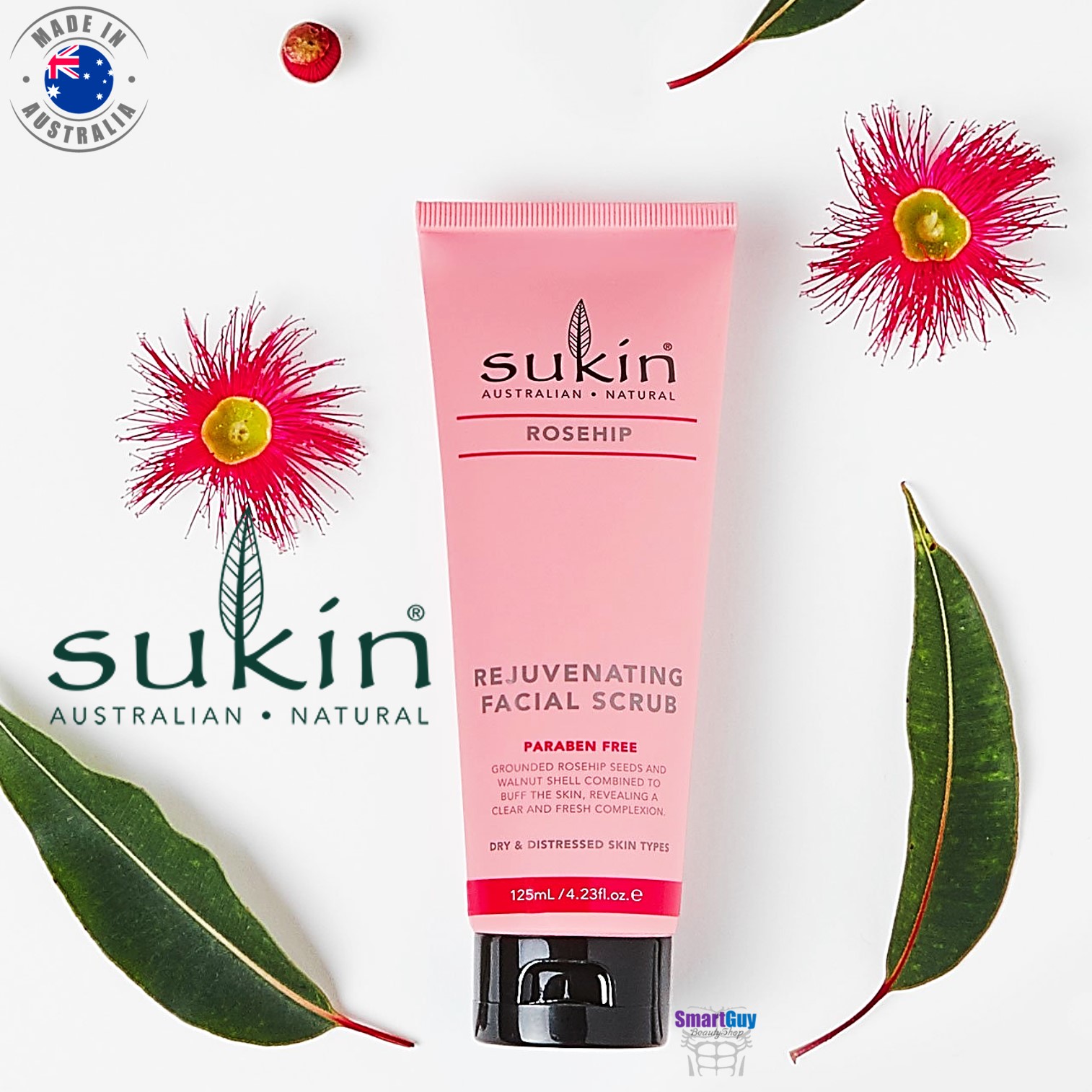 SUKIN RoseHip Rejuvenating Facial Scrub Paraben Free 125ml. สครับดีท็อกซ์ผิวหน้าเรียบเนียนใสย้อนวัยผิวหน้าสูตรสารสกัดธรรมชาติ สินค้านำเข้าของแท้จากออสเตรเลีย
