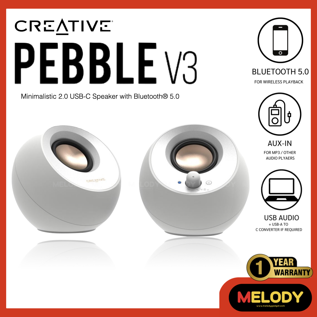 CREATIVE Pebble V3 (Black-สีดำ) Bluetooth Speaker ลำโพง รองรับ USB-C ลำโพงบูลทูธไร้สาย 2.0 รับประกันศูนย์ Creative 1ปี