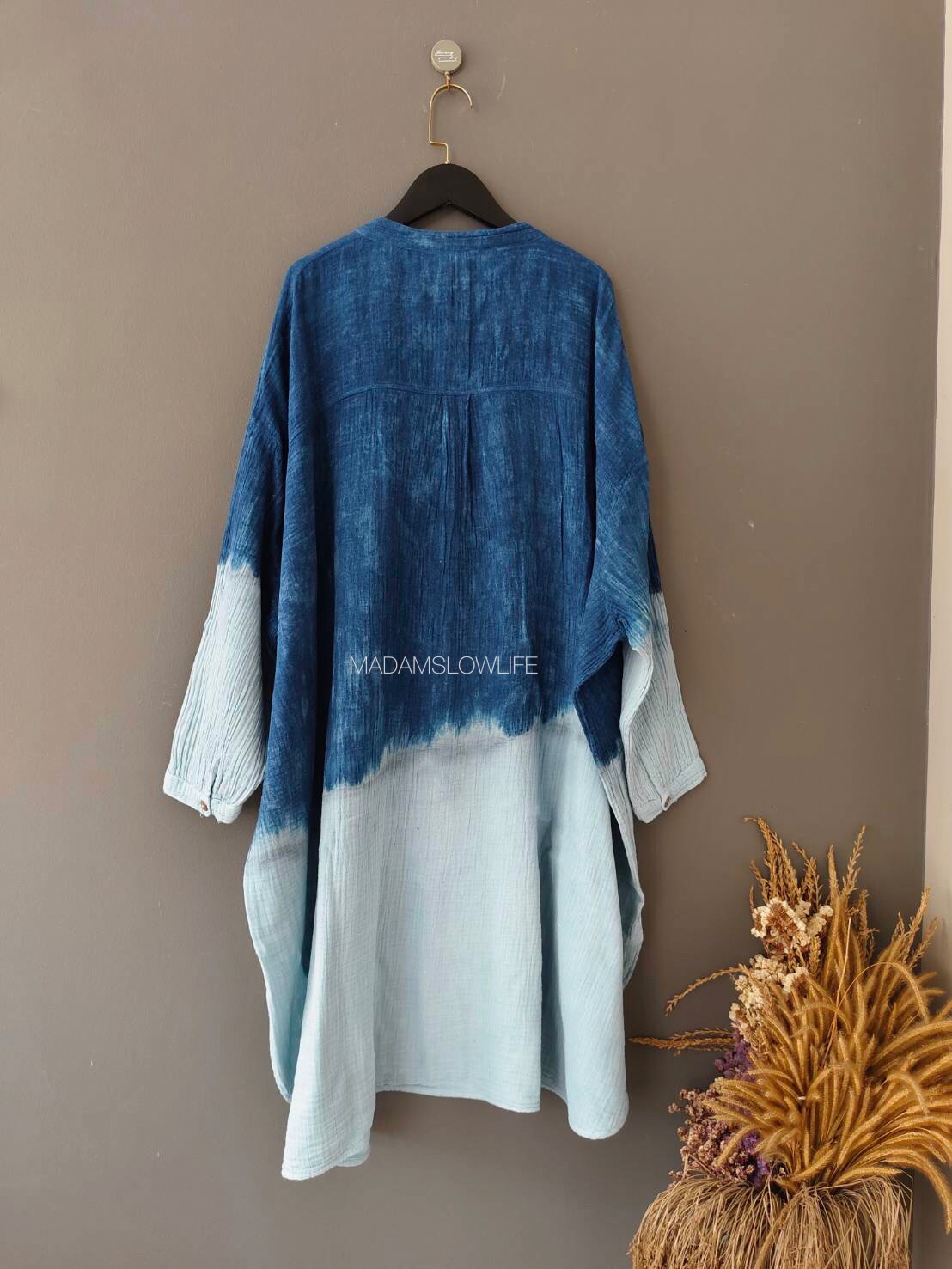 เดรสคอตตอนย้อมครามธรรมชาติ (ผ้าสาลู มีเทคเจอร์)