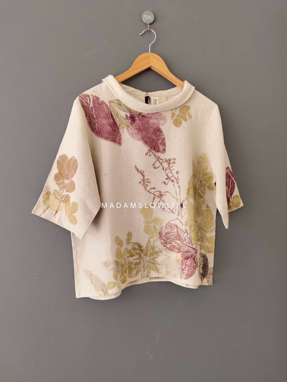 เสื้อผ้าลินินแท้ ลวดลายพิมพ์ลายแบบ eco-print อก 42 นิ้ว ยาว 23 นิ้ว