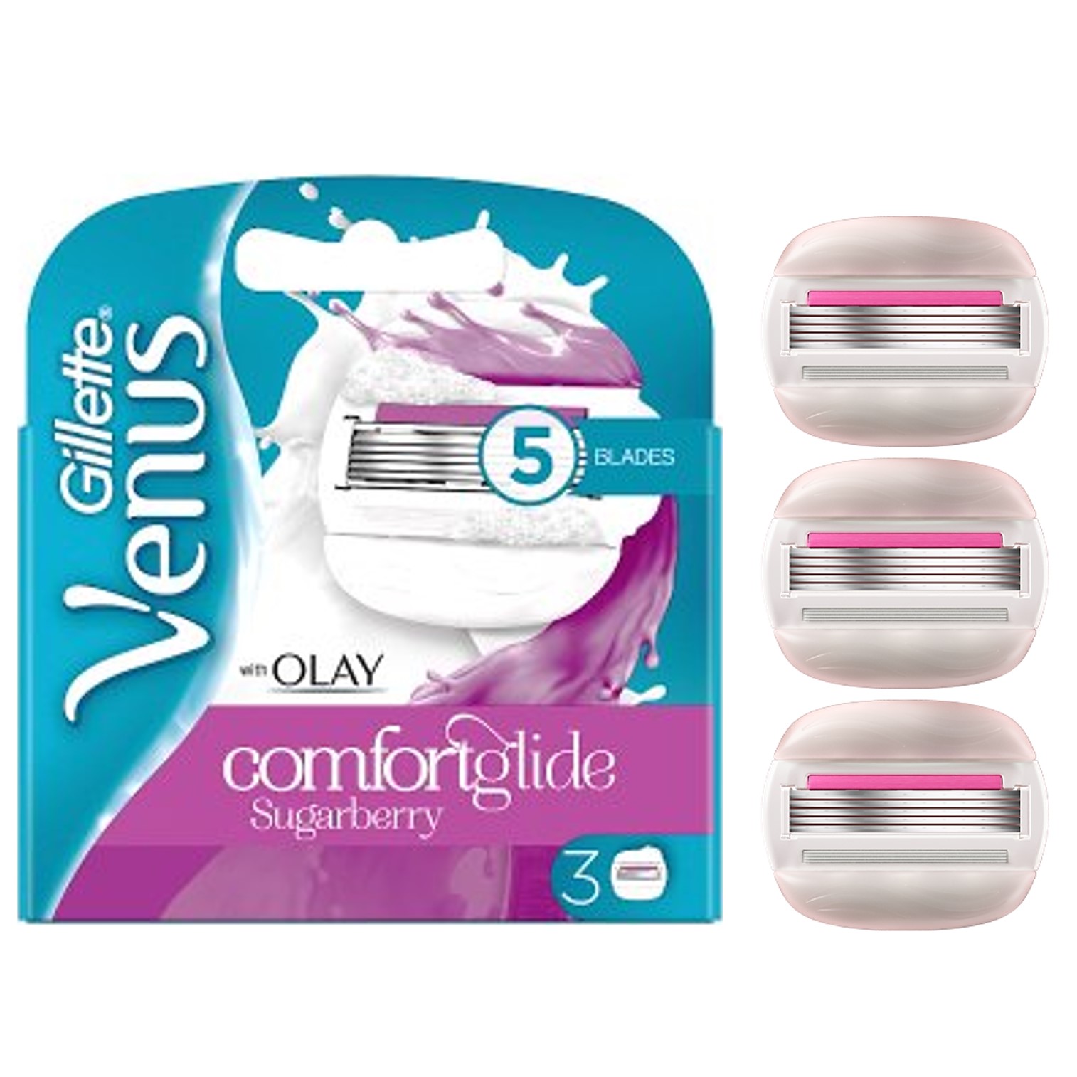 Gillette Venus ComfortGlide with Olay Sugarberry Women's Razor Blade Refills 3 Count ใบมีดโกนรีฟิลรุ่นพิเศษพร้อมครีมโอเลย์สำหรับมีดโกนรุ่นที่ระบุ