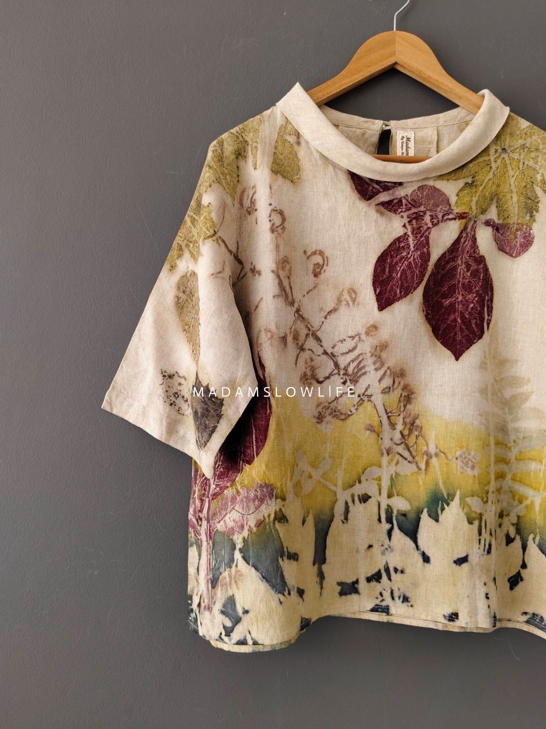 เสื้อผ้าลินินแท้ ลวดลายพิมพ์ลายแบบ eco-print อก 44 นิ้ว ยาว 23.5 นิ้ว