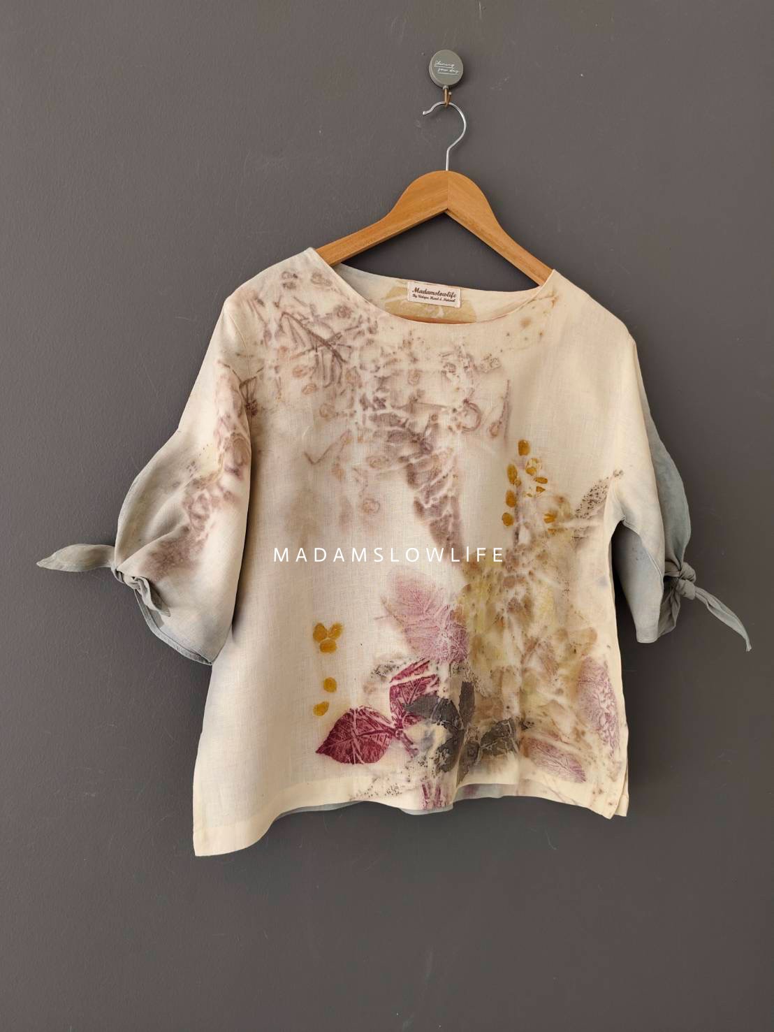 เสื้อผ้าลินินแท้ ลวดลายพิมพ์ลายแบบ eco-print อก 42 นิ้ว ยาว 22 นิ้ว