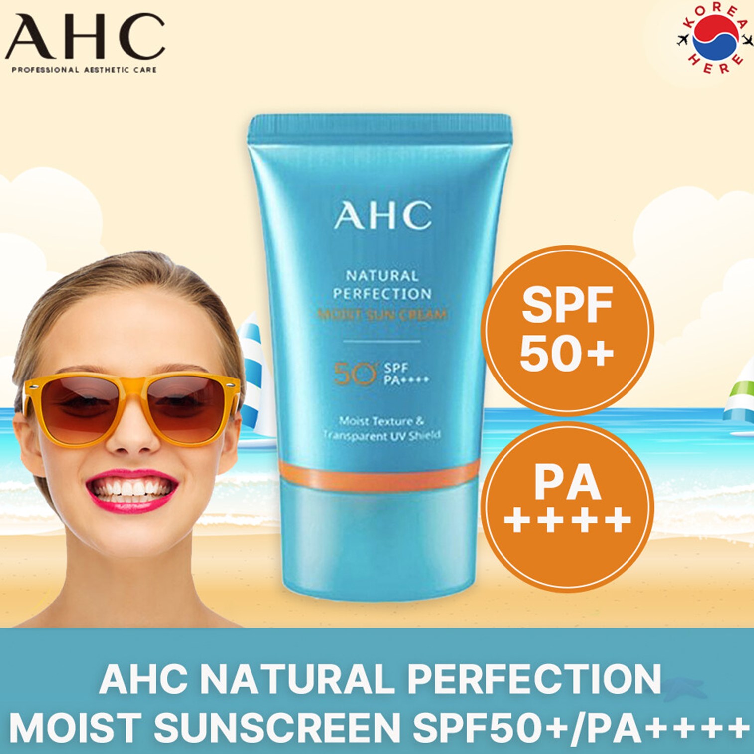 AHC Natural Perfection Moist Sun Cream SPF50+PA+++ 50ml ครีมกันแดดเนื้อบางเบาสำหรับผิวหน้าสูตรพิเศษจากเกาหลีของแท้พร้อมส่ง