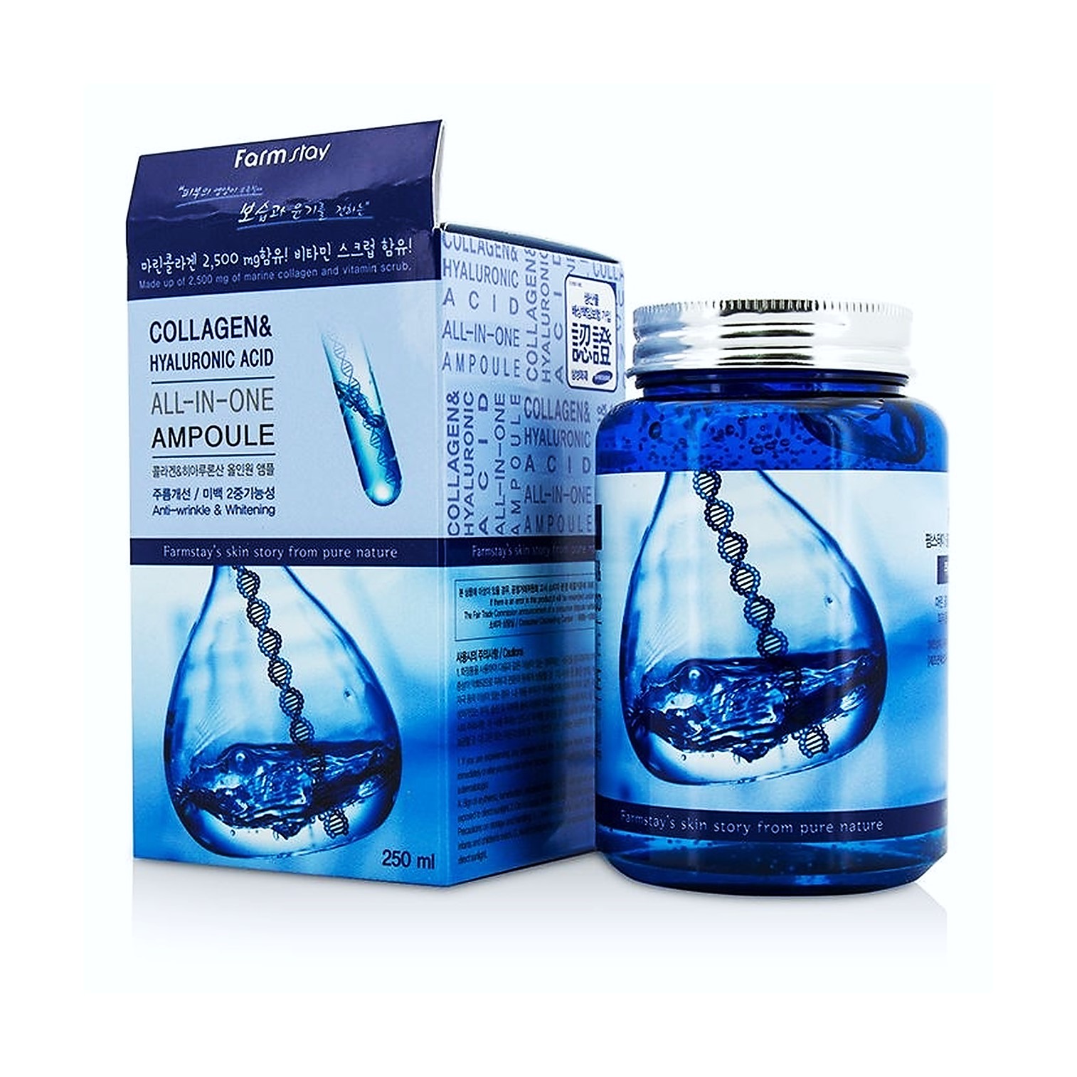 ครีมเจลคอลลาเจนเพิ่มความชุ่มชื่นลดริ้วรอยยกกระชับผิวหน้าสูตรเข้มข้นจากเกาหลีของแท้ Farm Stay Collagen & Hyaluronic Acid All In One Ampoule Anti Wrinkle & Whitening 250ml.